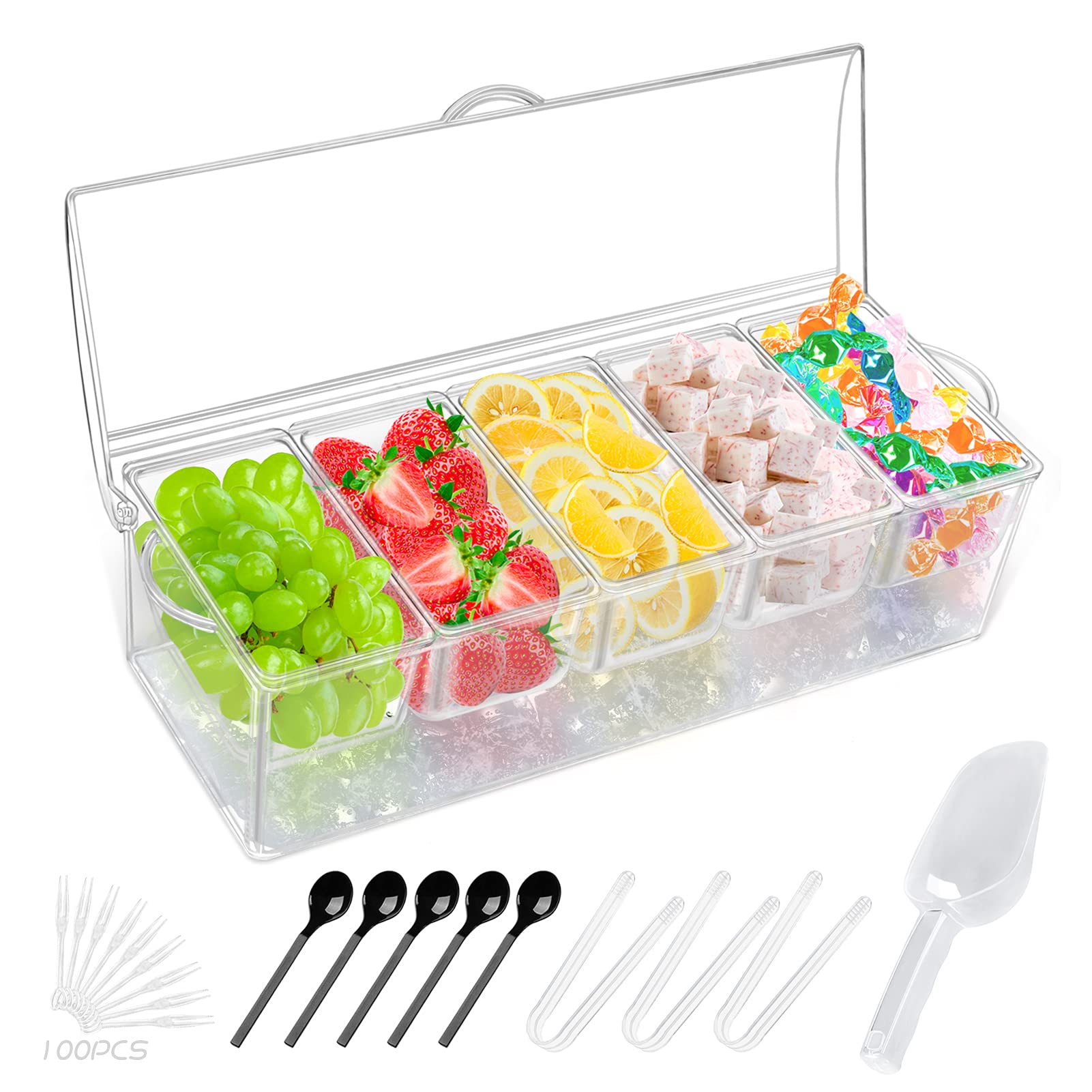 DSVENROLY Clear Plastic Condiment Organizer with Lids - 6-Compartment Serving Tray for Party, Bar & Kitchen - Perfect for Fruits, Garnishes, Ice Cubes & Food Storage
