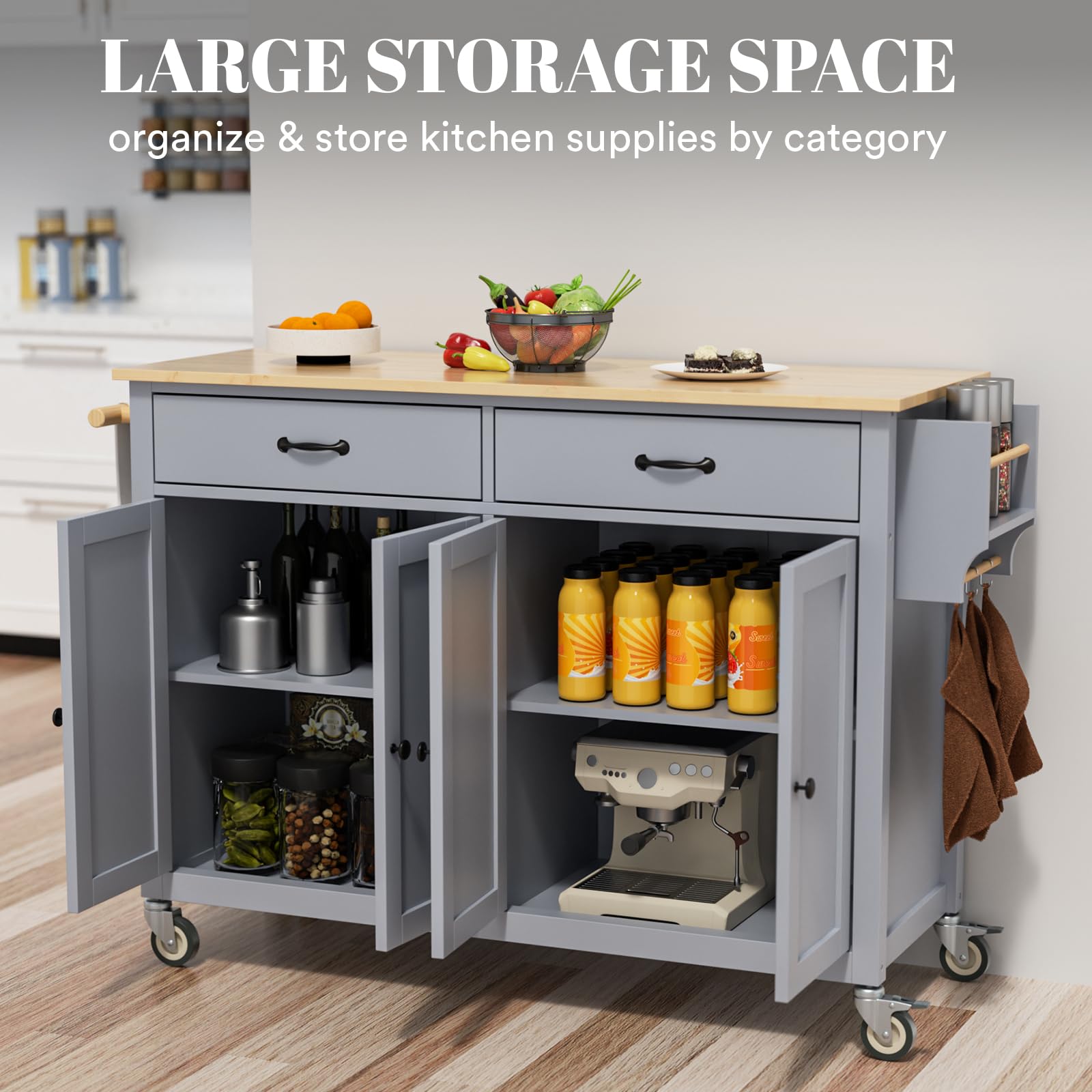 Rovibek 54-Inch Large Kitchen Island on Wheels with Storage, Drawers, Cabinet, Spice Rack & Towel Rack - Mobile Rolling Wood Cart for Kitchen, Dining Room - Perfect for Extra Counter Space, Food Prep & Entertaining