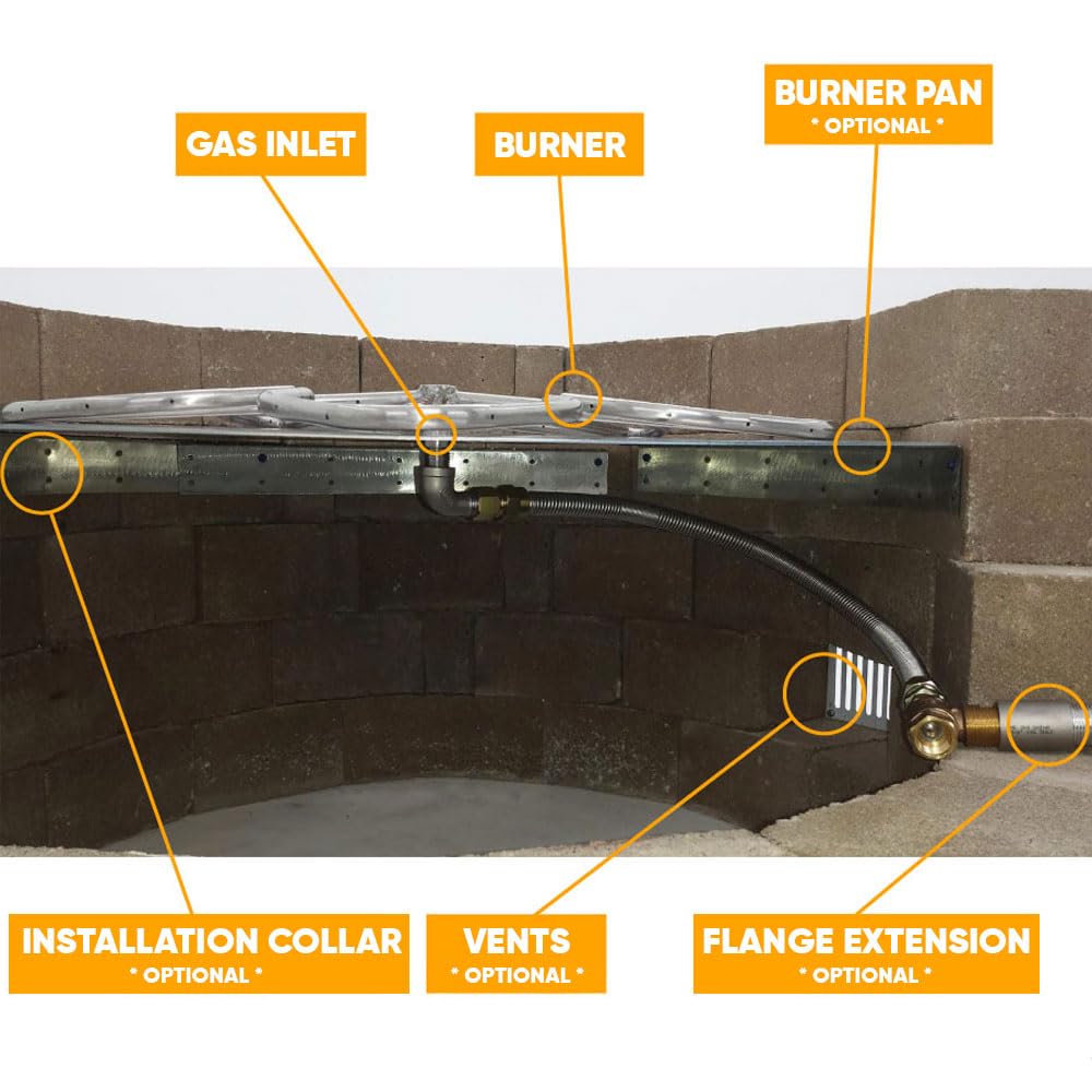 HPC Penta Match Lit Fire Pit Burner Kit - 12-Inch Stainless Steel Burner & 18-Inch Round Flat Pan - Propane Gas Fire Pit Accessories with Chrome Finish, Flange, Key, Valve & Flex Line - Perfect for Backyard, Patio, and Outdoor Gatherings