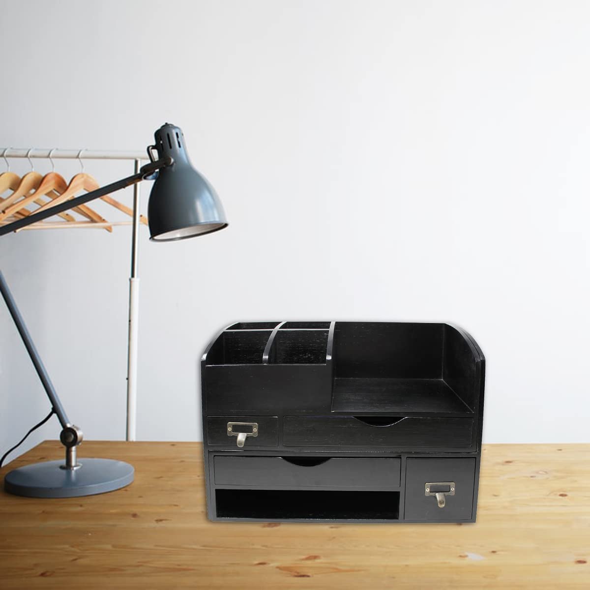 Adjustable Wooden Desk Organizer - Black Office Storage Shelf for Supplies, Accessories & Mail | Perfect for Desktop, Tabletop, Counter & Workspace Organization