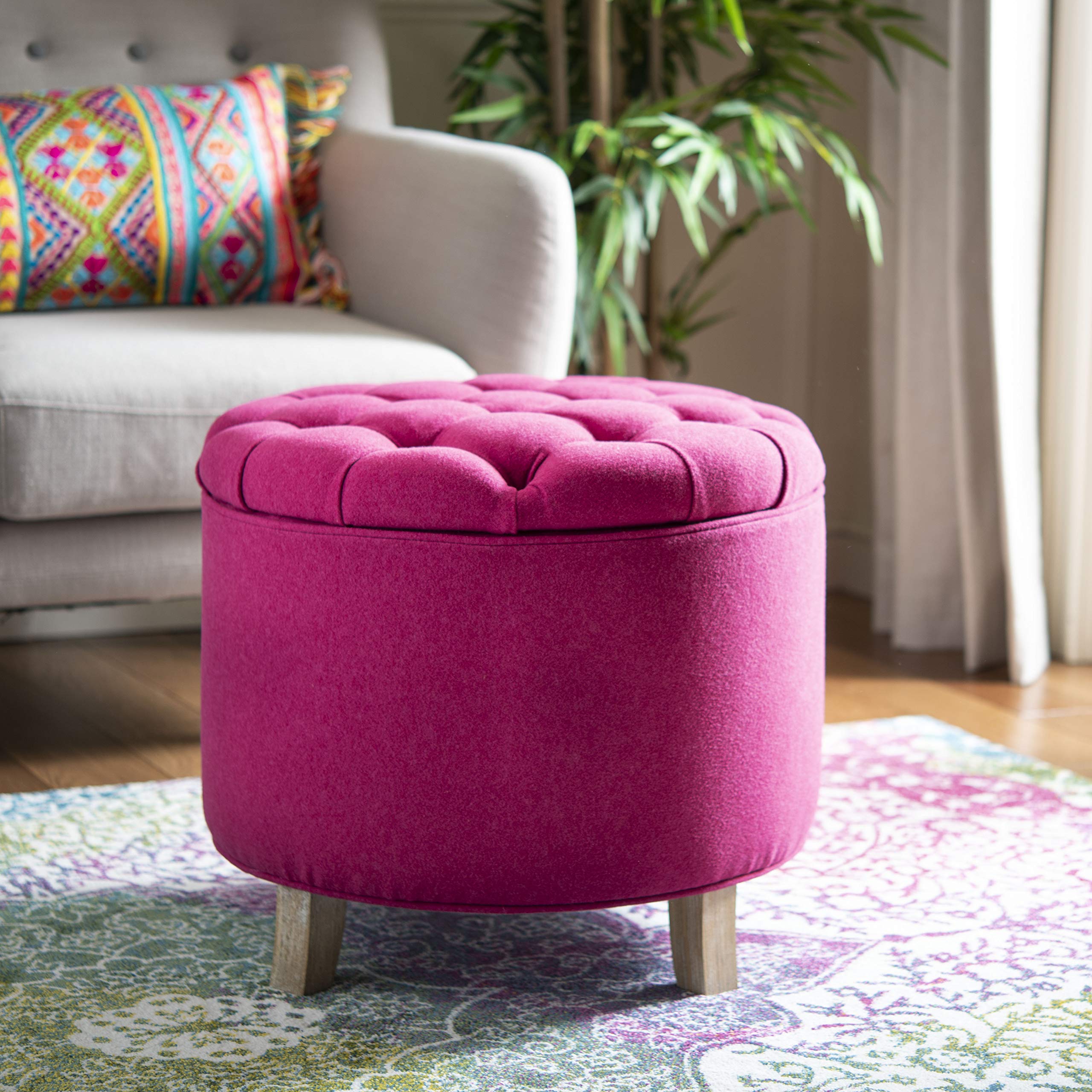 Safavieh Hudson Collection Amelia Tufted Storage Ottoman in Berry - Stylish Footrest, Extra Seating & Hidden Storage for Living Room, Bedroom or Nursery