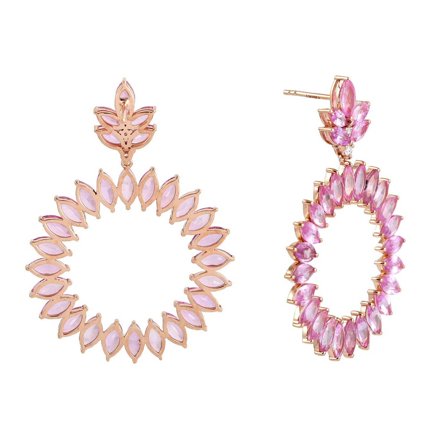 18K Rose Gold Marquise Cut Pink Sapphire & Diamond Open Front Hoop Dangle Earrings for Women - Elegant Party & Wedding Jewelry Gift