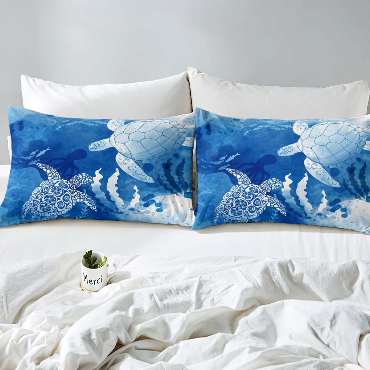 Homewish Twin Size Sea Turtle Duvet Cover Set - Navy Blue Ocean Theme Bedding with Octopus & Seaweed Silhouette - Includes 1 Pillowcase (68x90 Inches) - Perfect for Teen Girls' Room Decor & Underwater Themed Bedrooms