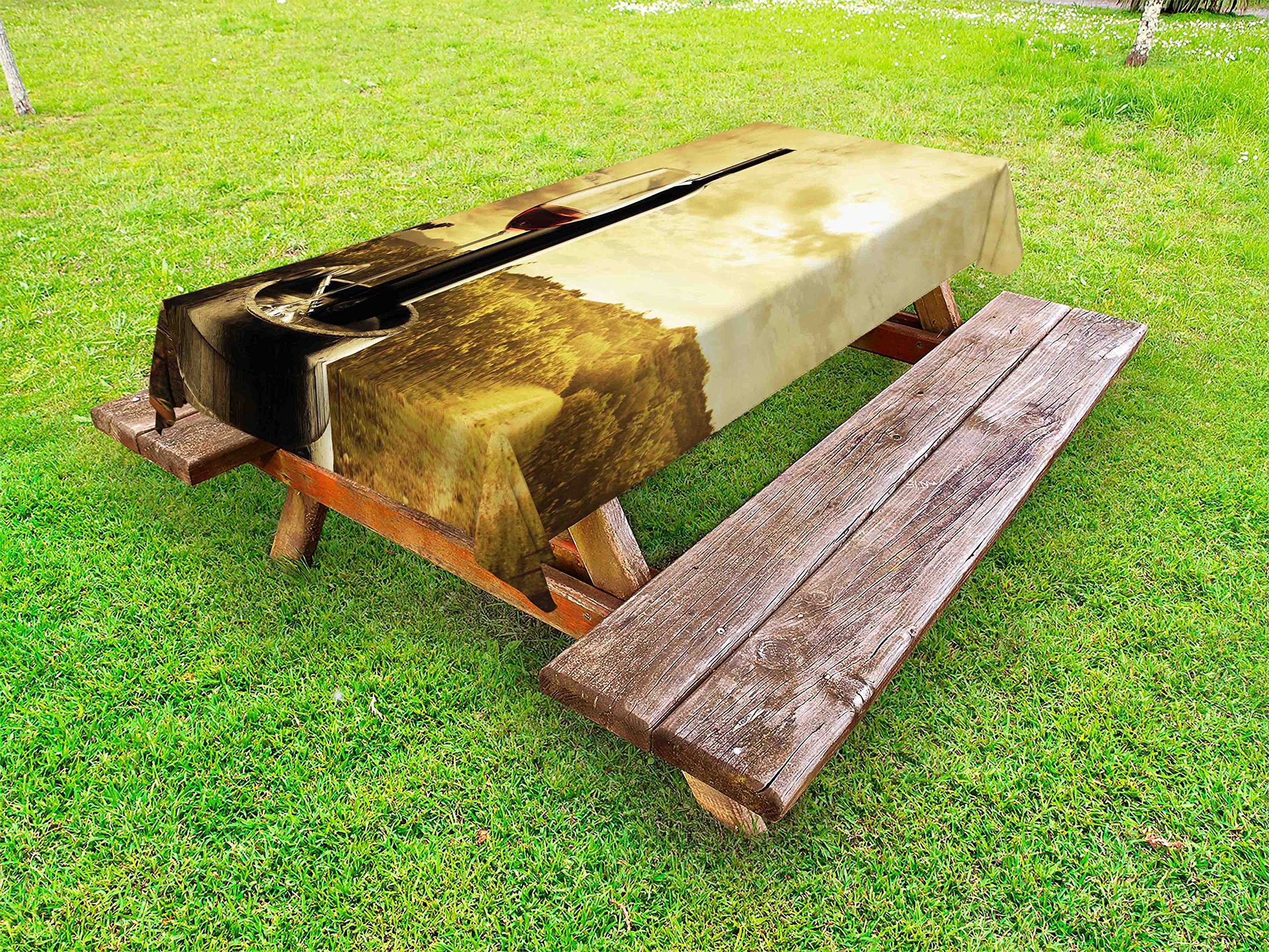 Ambesonne Wine Themed Outdoor Tablecloth - Red Wine Bottle & Glass on Wooden Cask Design, Washable Picnic Table Cover 58x120 Inches, Pale Coffee Green Black - Perfect for Garden Parties, BBQs, and Outdoor Dining