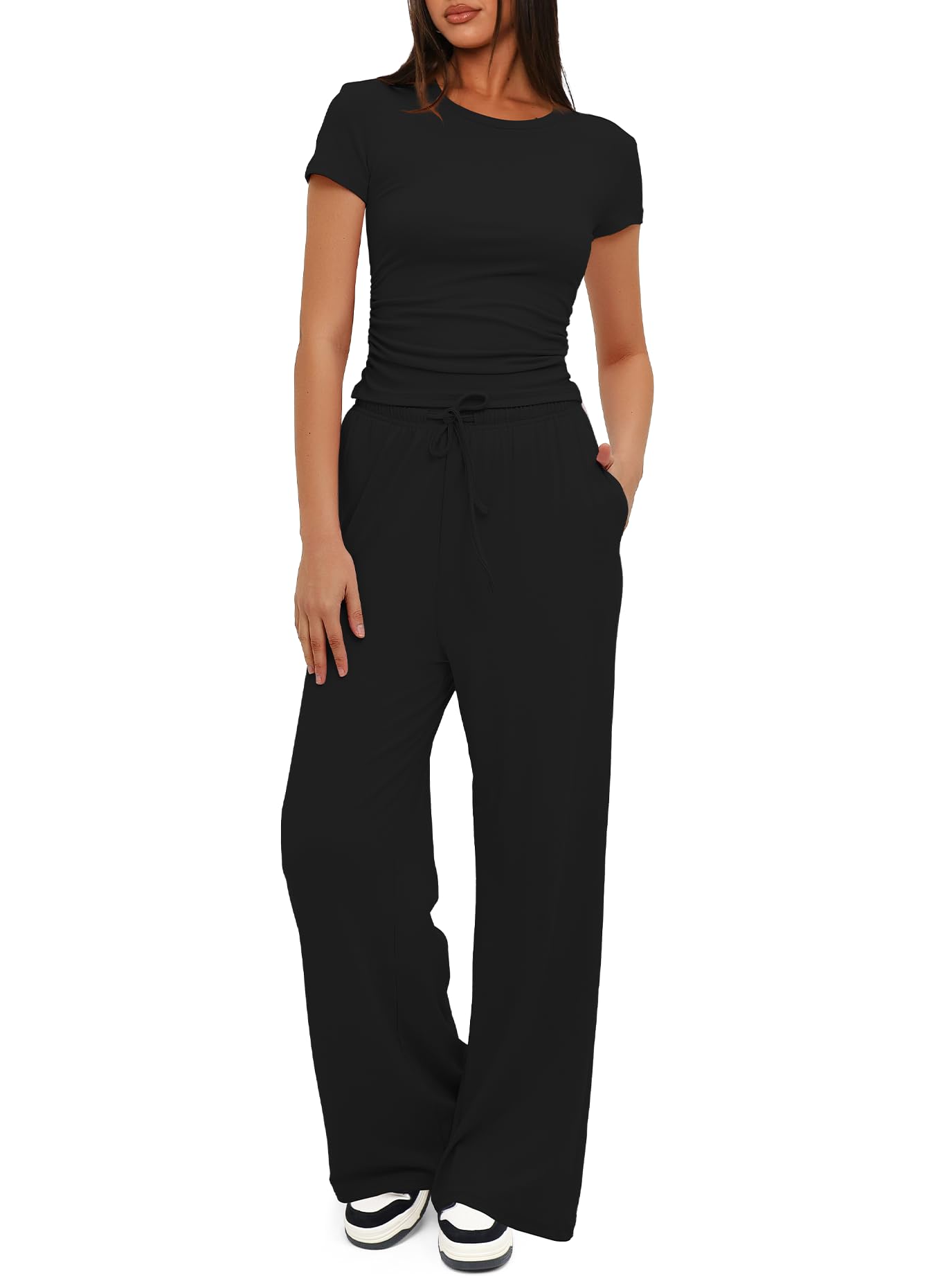 Darong Women's 2 Piece Lounge Set - Ruched Short Sleeve Top & High Waisted Wide Leg Pants Comfy Tracksuit | Perfect for Yoga, Travel & Relaxing at Home
