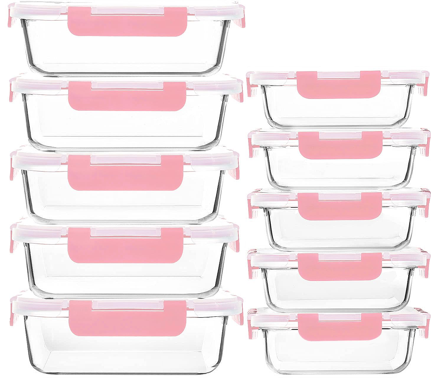 10-Pack Glass Meal Prep Containers with Snap Locking Lids - Airtight Food Storage Containers for Lunch, Microwave, Oven, Freezer & Dishwasher Safe (Pink) - Perfect for Meal Prepping, Office Lunch & Leftovers Storage
