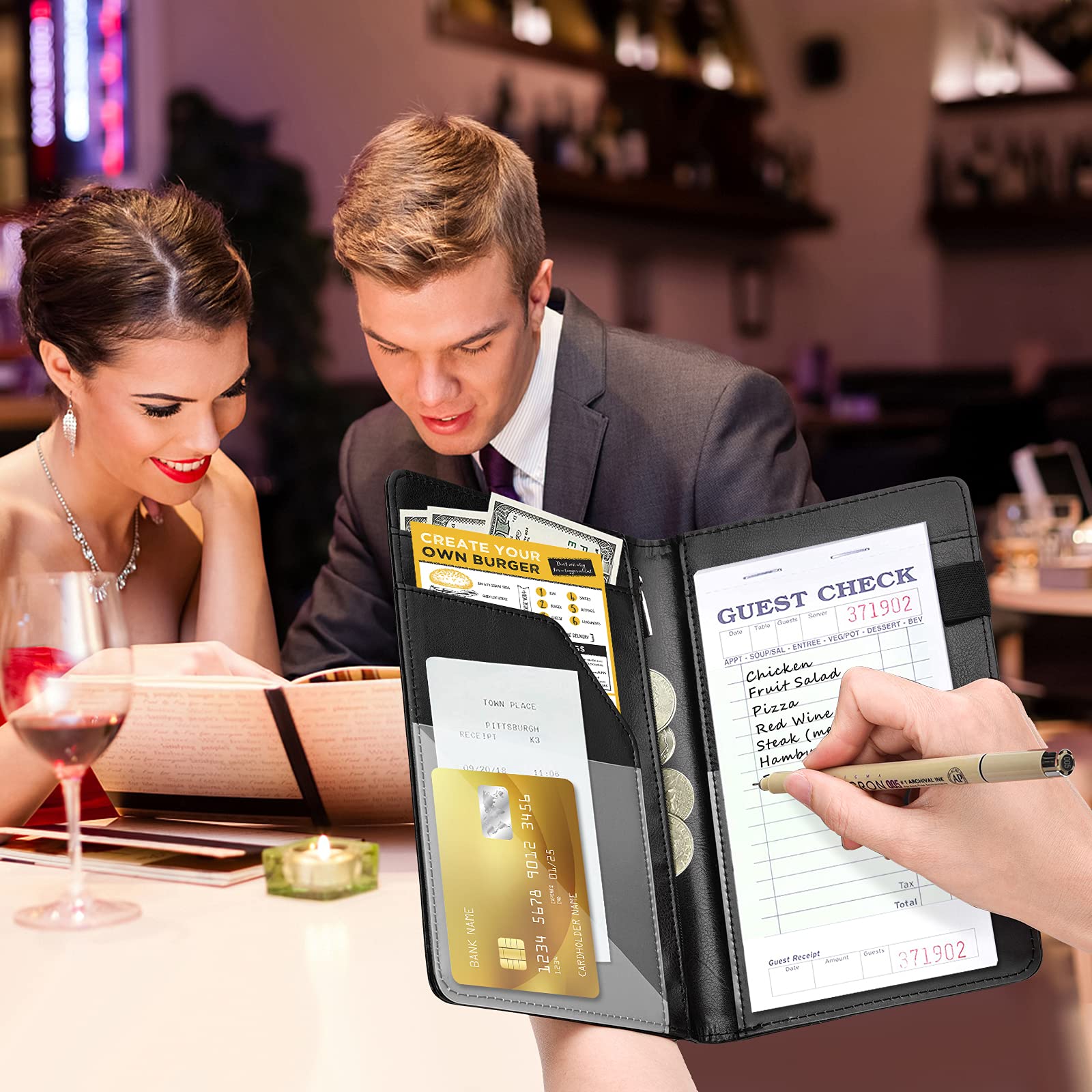 Black Server Book with Zipper Pocket - Waiter Organizer for Notes & Cash - Perfect for Restaurant Staff