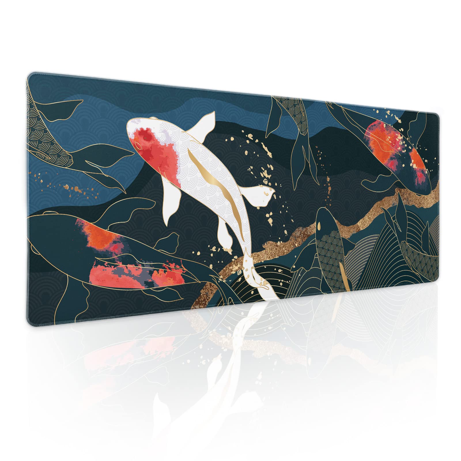 Japanese Anime Gaming Mouse Pad - XL Red & White Koi Fish Design with Blue Gold Texture, Non-Slip Rubber Base & Stitched Edges (31.5×11.8 in) - Perfect for PC, Computer & Laptop Gaming Setups, Office Workstations & Anime Themed Desks