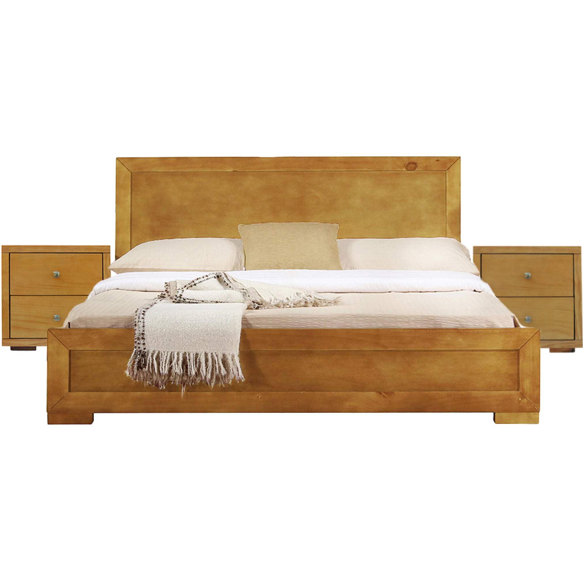 Camden Isle Trent Solid Oak Wooden Platform Bed Queen Size with 2 Nightstands - Modern Bedroom Furniture for Master & Guest Rooms