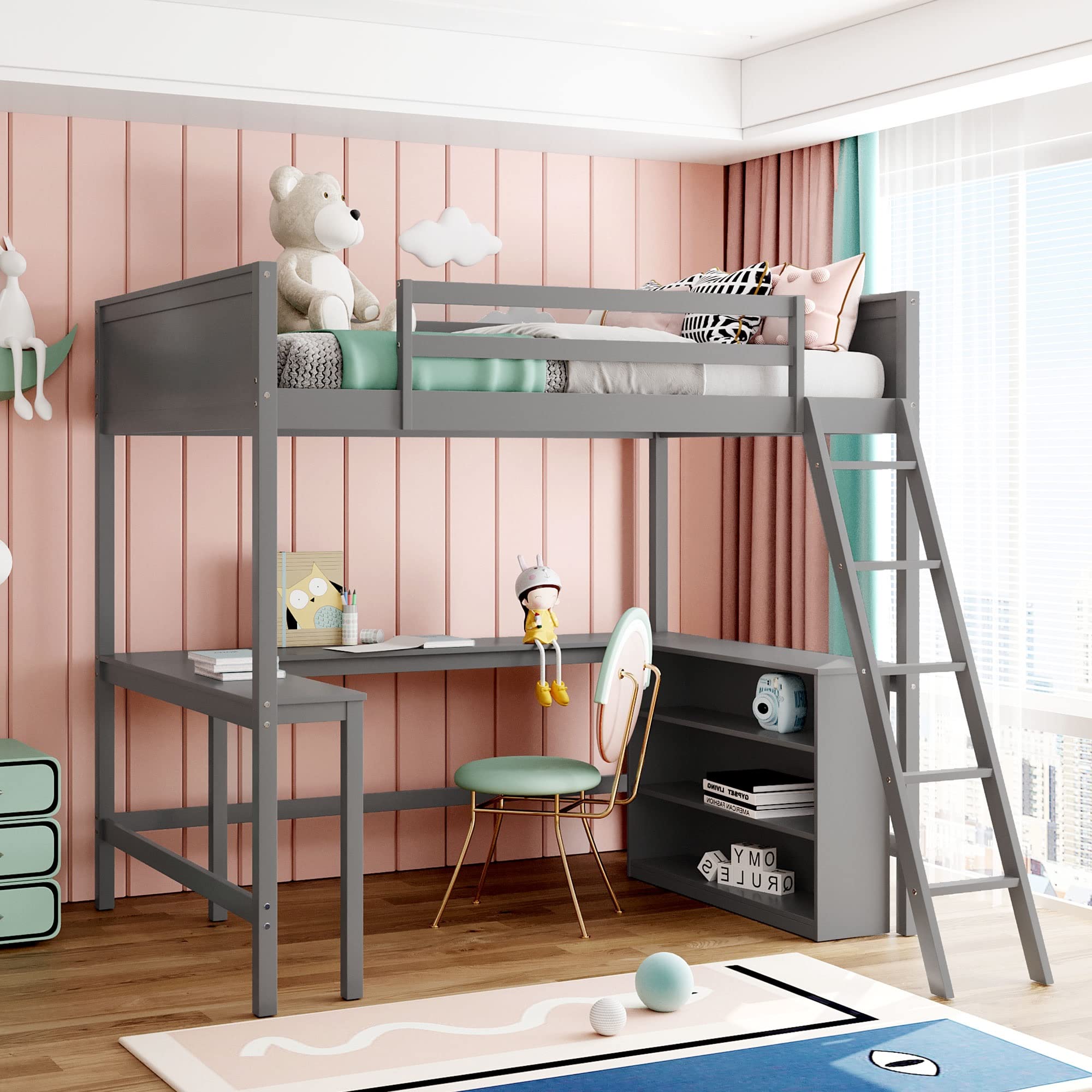 Full Size Loft Bed with Desk & Shelves - Space-Saving Wooden Bed for Kids Teens Adults - Perfect for Small Rooms & Dorms (Gray)
