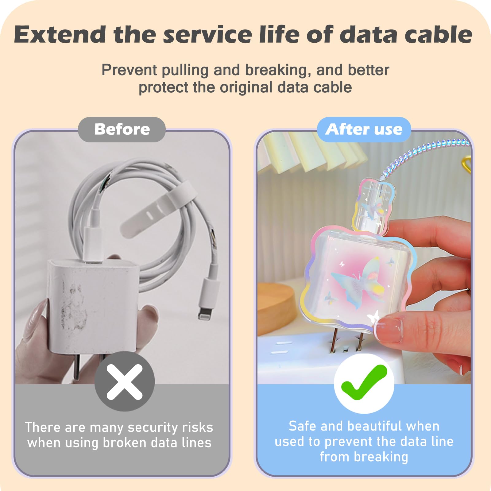 Glitter Butterfly DIY Cable Protector for iPhone Charger - Cute Waves Design USB Wire Saver Compatible with iPhone 11/12/13/14 Pro Max/Plus/XS - Perfect for Home, Office & Travel Accessories