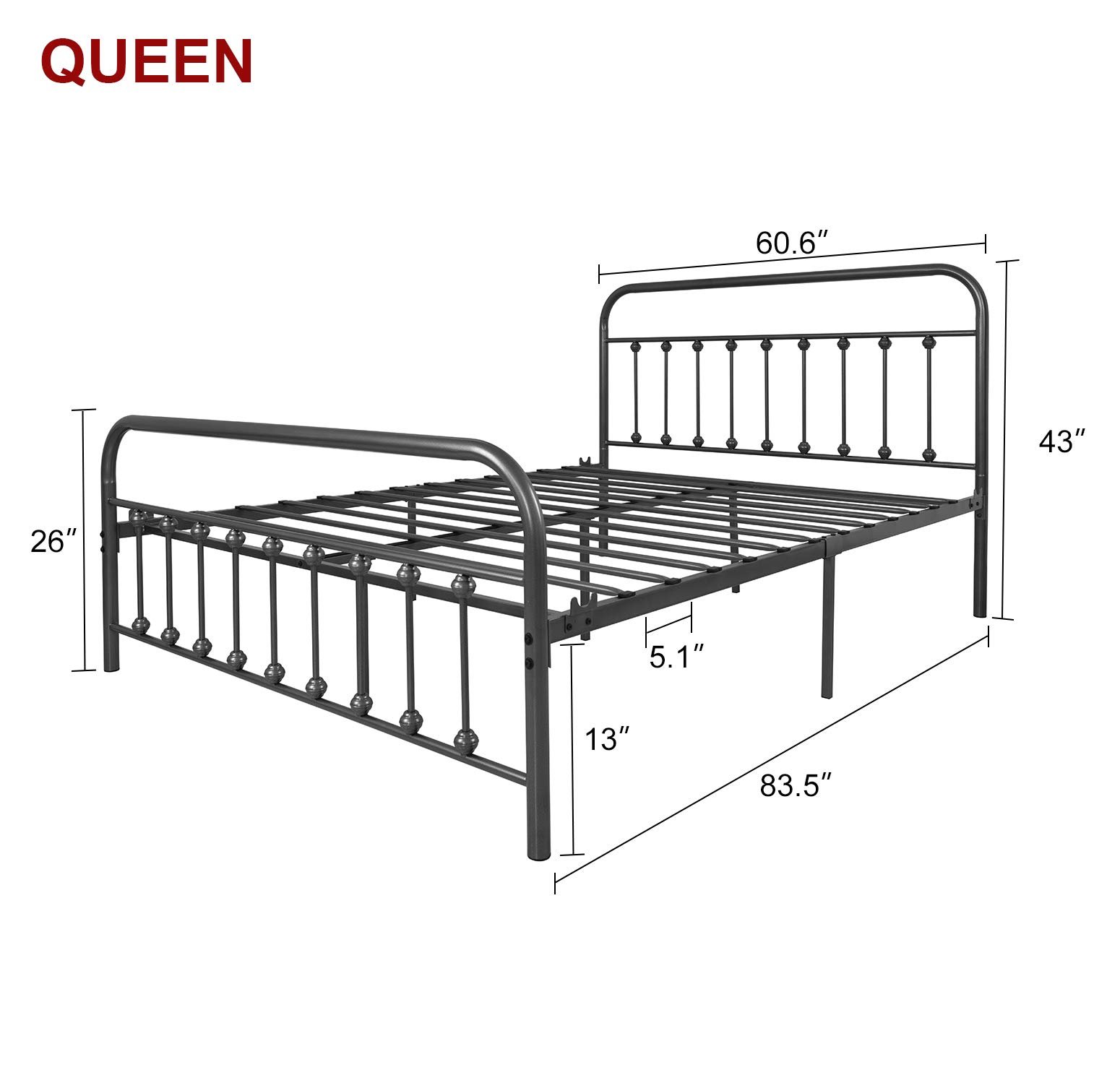 Queen Size Metal Bed Frame with Headboard & Footboard - Sturdy Iron-Art Platform Mattress Base in Gray Silver | Perfect for Modern Bedrooms, Guest Rooms & Dormitories