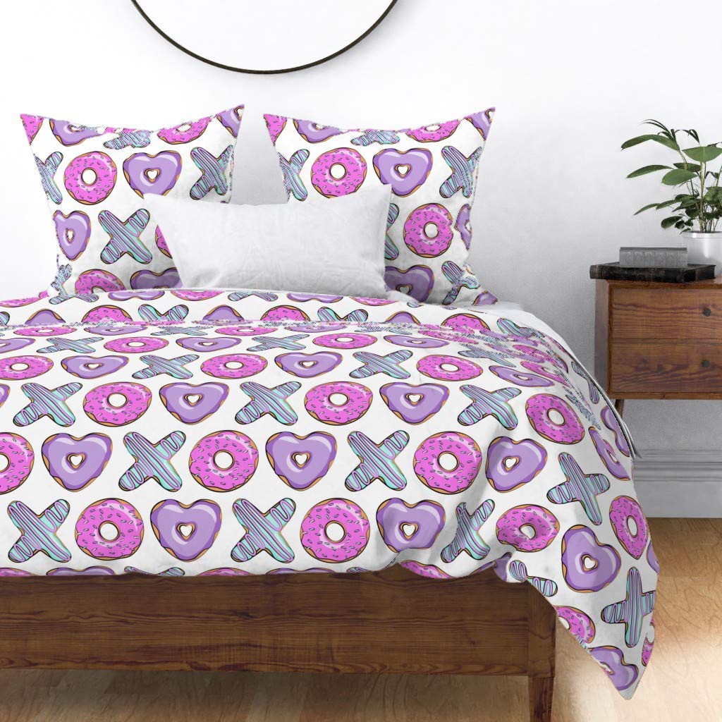 Trendy Sweet Valentines Donuts Cotton Sateen Duvet Cover - Full/Queen Size Purple Donut Junk Food Print Custom Bedding for Cozy Bedroom Decor