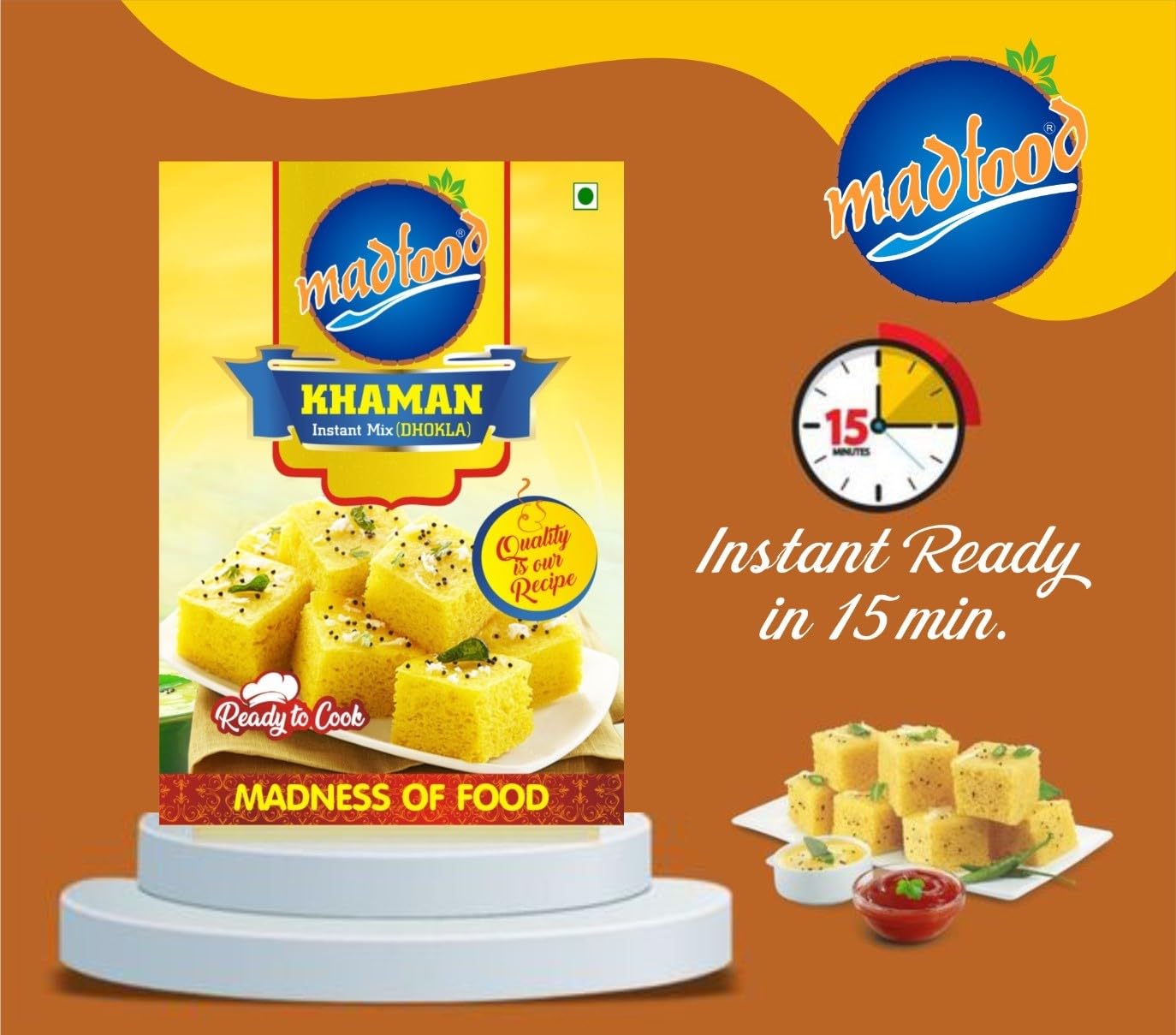 Madfood Instant Khaman Dhokla Mix | Authentic Indian Snack | 100% Natural Vegetarian Ingredients | Ready in 10 Minutes | Perfect for Breakfast, Tea Time & Party Appetizers - 500g