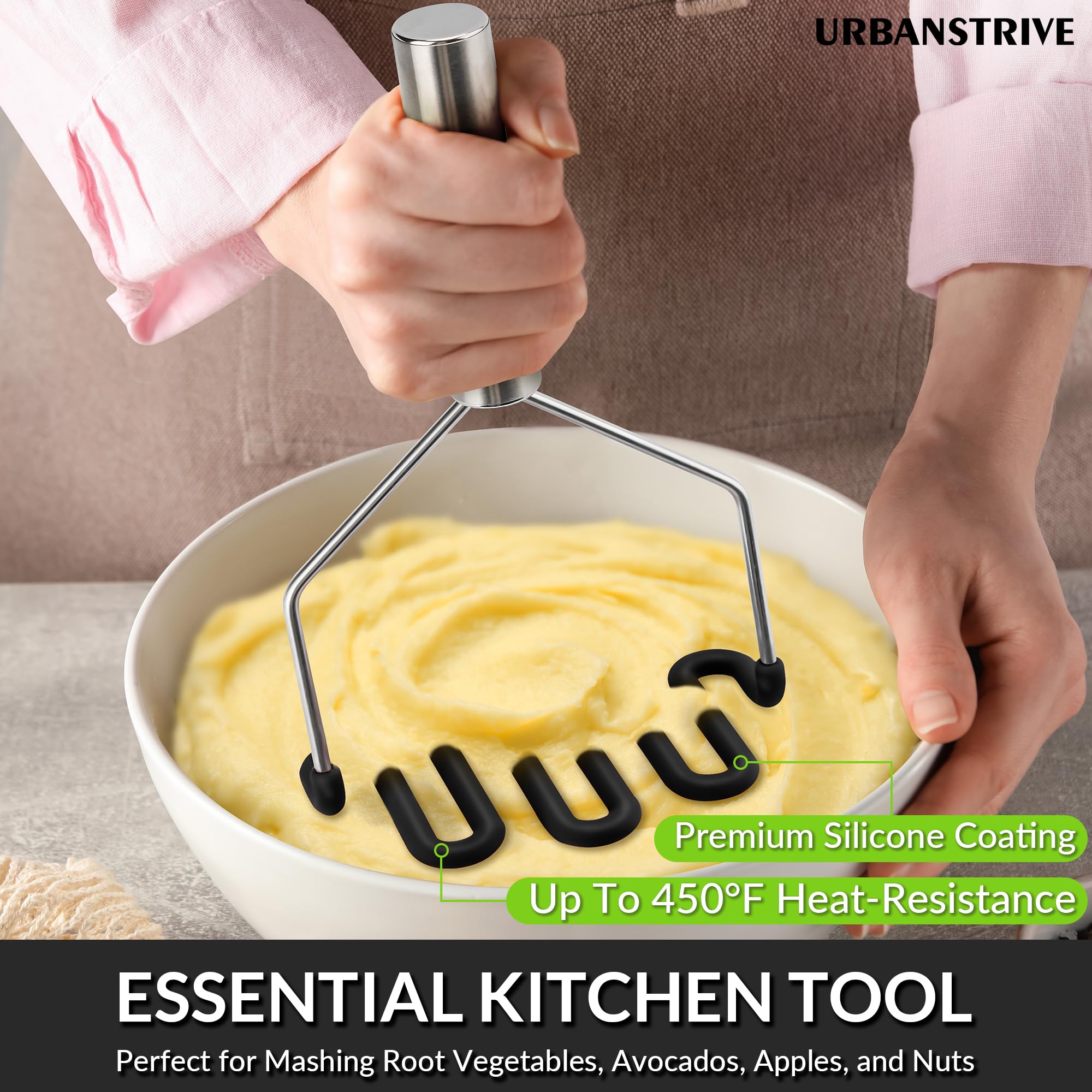 Premium Non-Scratch Silicone Potato Masher with Stainless Steel Core - Safe for Non-Stick Cookware - Perfect for Mashing Potatoes, Vegetables & Baby Food - Ideal for Home Kitchens & Professional Use