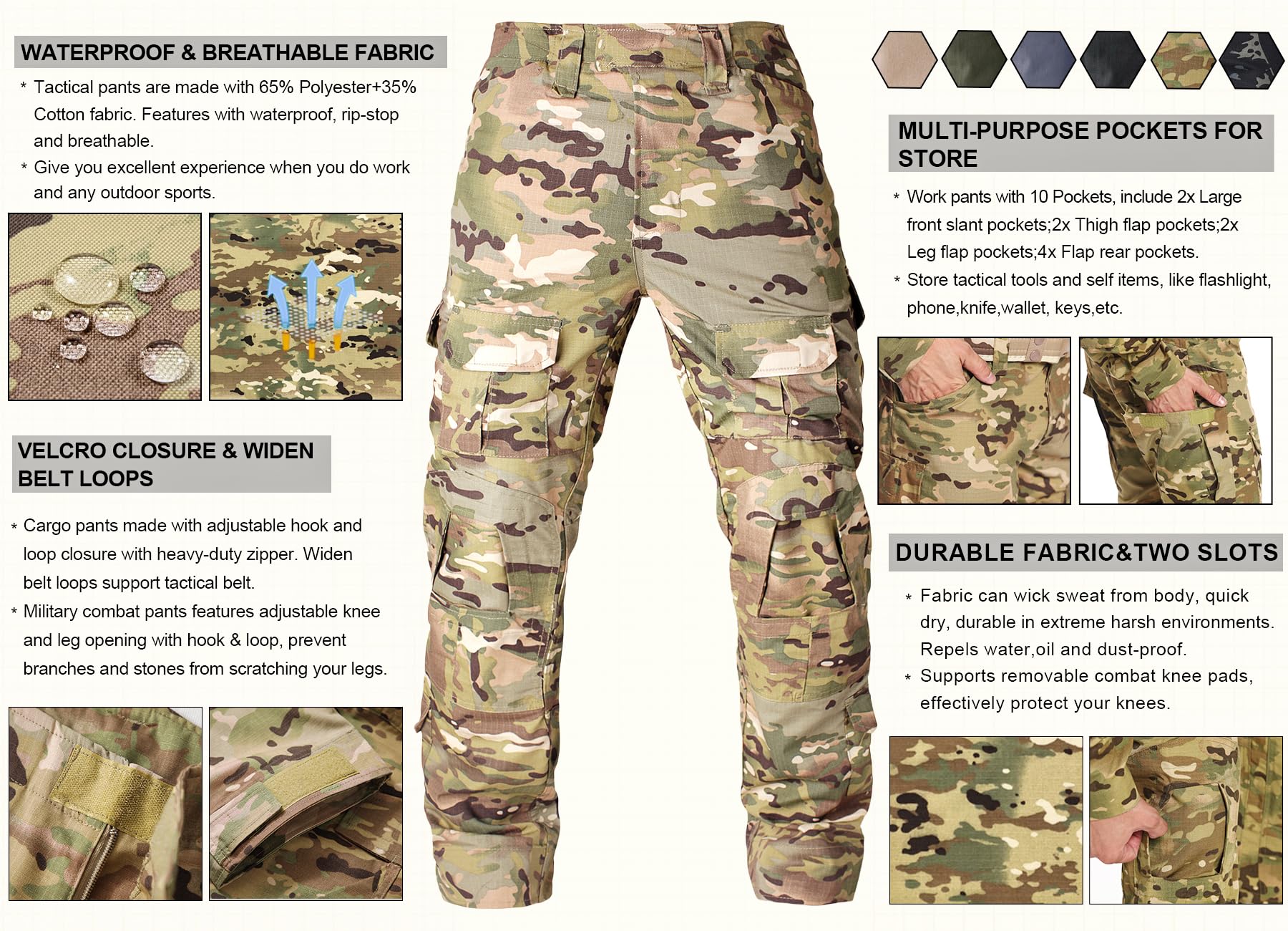 Men's Tactical Camo Cargo Pants - Ripstop Outdoor Hiking & Work Pants with Multiple Pockets (No Belt/Kneepad) - Perfect for Hunting, Airsoft & Adventure Activities