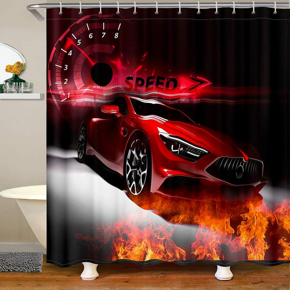 Race Car Shower Curtain - Waterproof Red Flame Sports Car Bath Curtain for Kids, Boys & Girls - 72x72 Inch Extreme Speed Auto Decor - Perfect for Teen Bedrooms, Game Rooms & Bathroom Makeovers