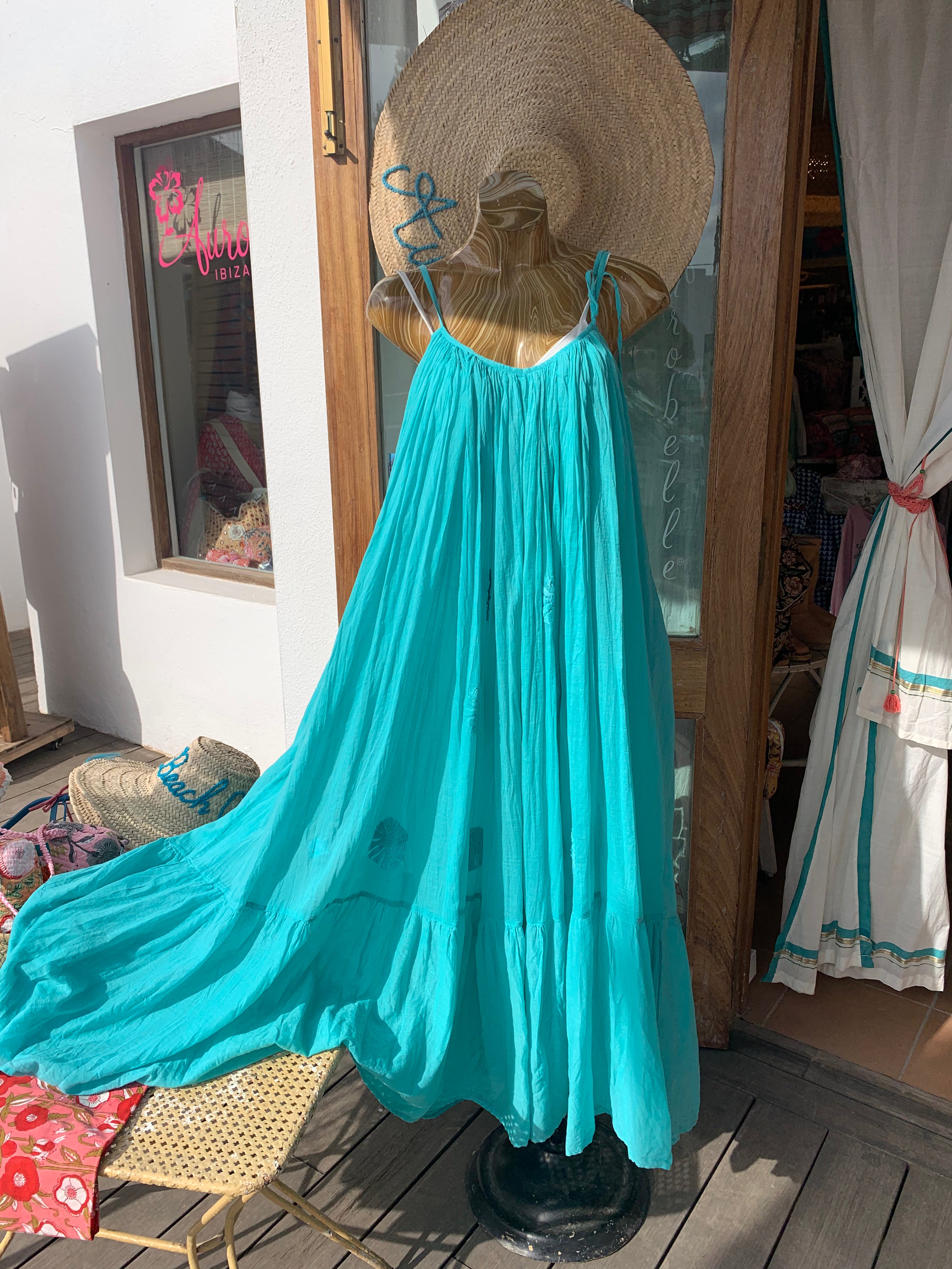 Turquoise Ibiza Bohemian Maxi Long Dress - Super Soft Organic Muslin Cotton Summer Dress in White | Perfect for Beach Vacations, Music Festivals & Boho Chic Outfits