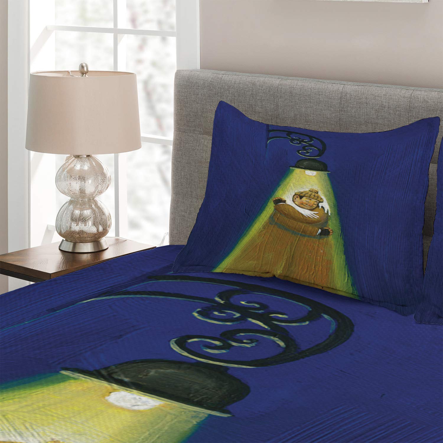 Ambesonne Abstract Surreal 3-Piece Quilted Bedspread Set with 2 Pillow Shams, King Size - Night Blue Fawn Khaki Caramel - Unique Metaphorical Print of Lamb Embracing Itself | Perfect for Modern Bedroom Decor, Guest Room Styling & Cozy Home Makeover