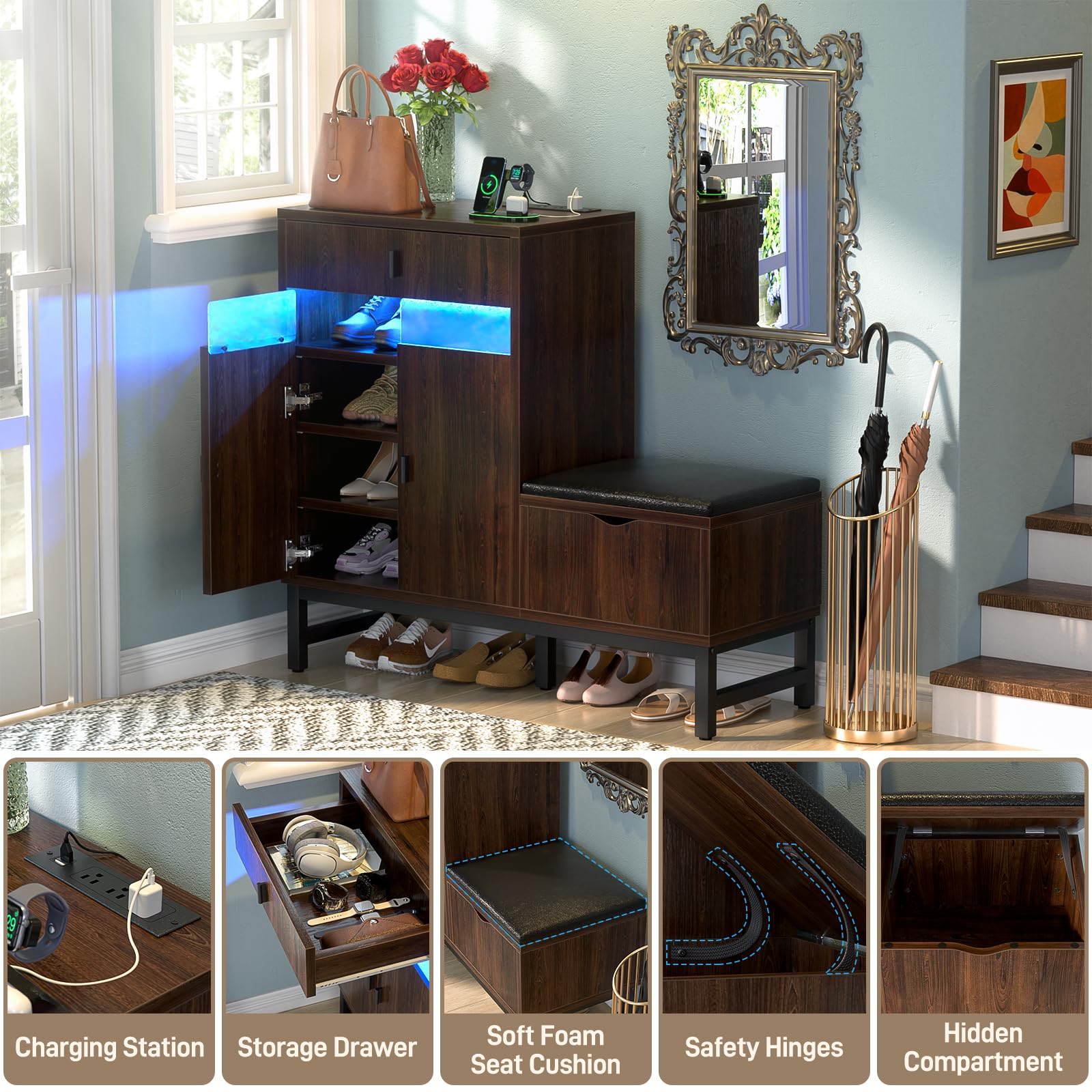 Armocity Freestanding Shoe Cabinet with LED Lights & Power Outlets - Entryway Shoe Storage Bench with Reversible Design, Drawer & Hidden Compartment (Black Walnut) - Perfect for Organizing Shoes in Hallway, Mudroom or Bedroom Closet