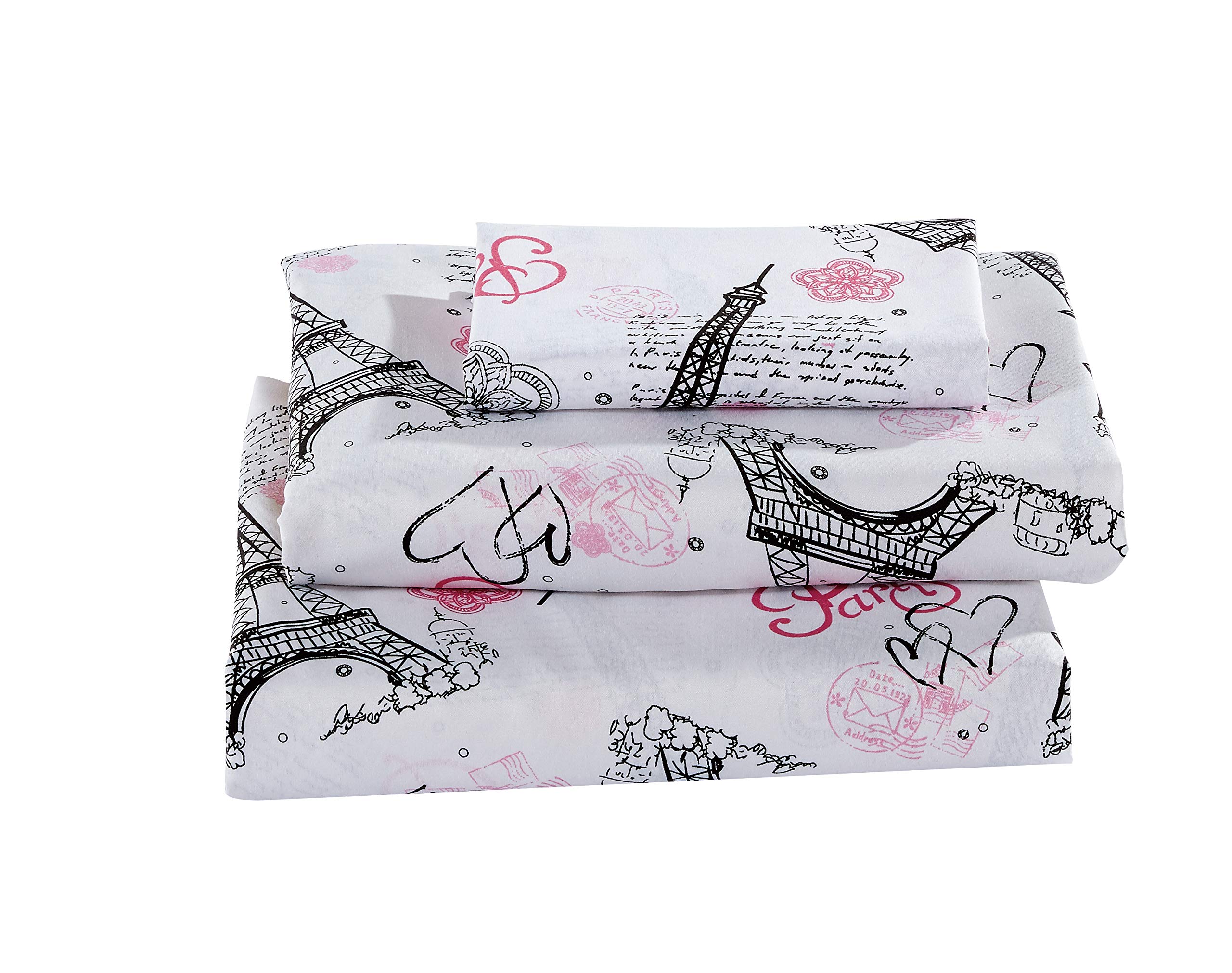 Better Home Style Paris Eiffel Tower Bonjour with Hearts Flowers 3-Piece Sheet Set - Twin Size (White) for Girls, Kids & Teens - Perfect for Bedrooms, Dorm Rooms & Sleepovers
