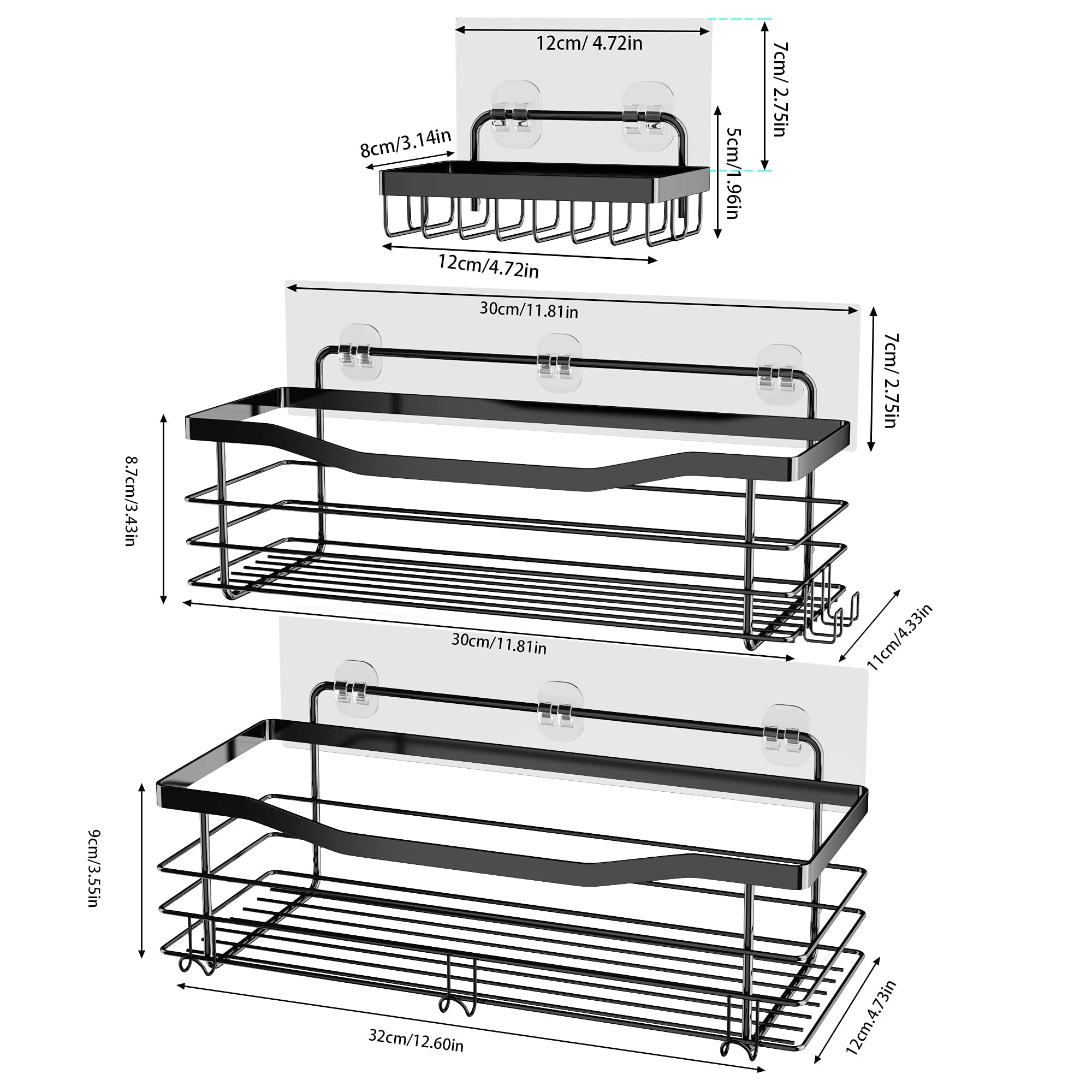 Orimade 3-Pack Black SUS304 Stainless Steel Shower Caddy with 5 Hooks - Bathroom Organizer, Soap Dish Holder & Wall Mounted Storage Shelf (No Drilling Adhesive) - Perfect for Shower, Kitchen & Bathroom Organization