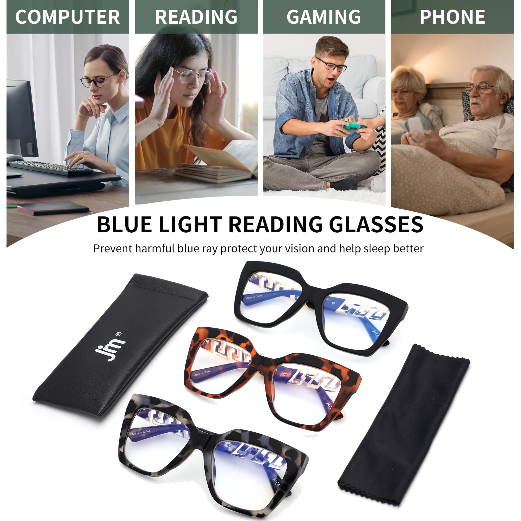 JM 3 Pack Fashion Reading Glasses for Women - Oversized Blue Light Blocking Computer Glasses with Oprah Style Frames | Perfect for Office Work, Screen Time & Reading Books