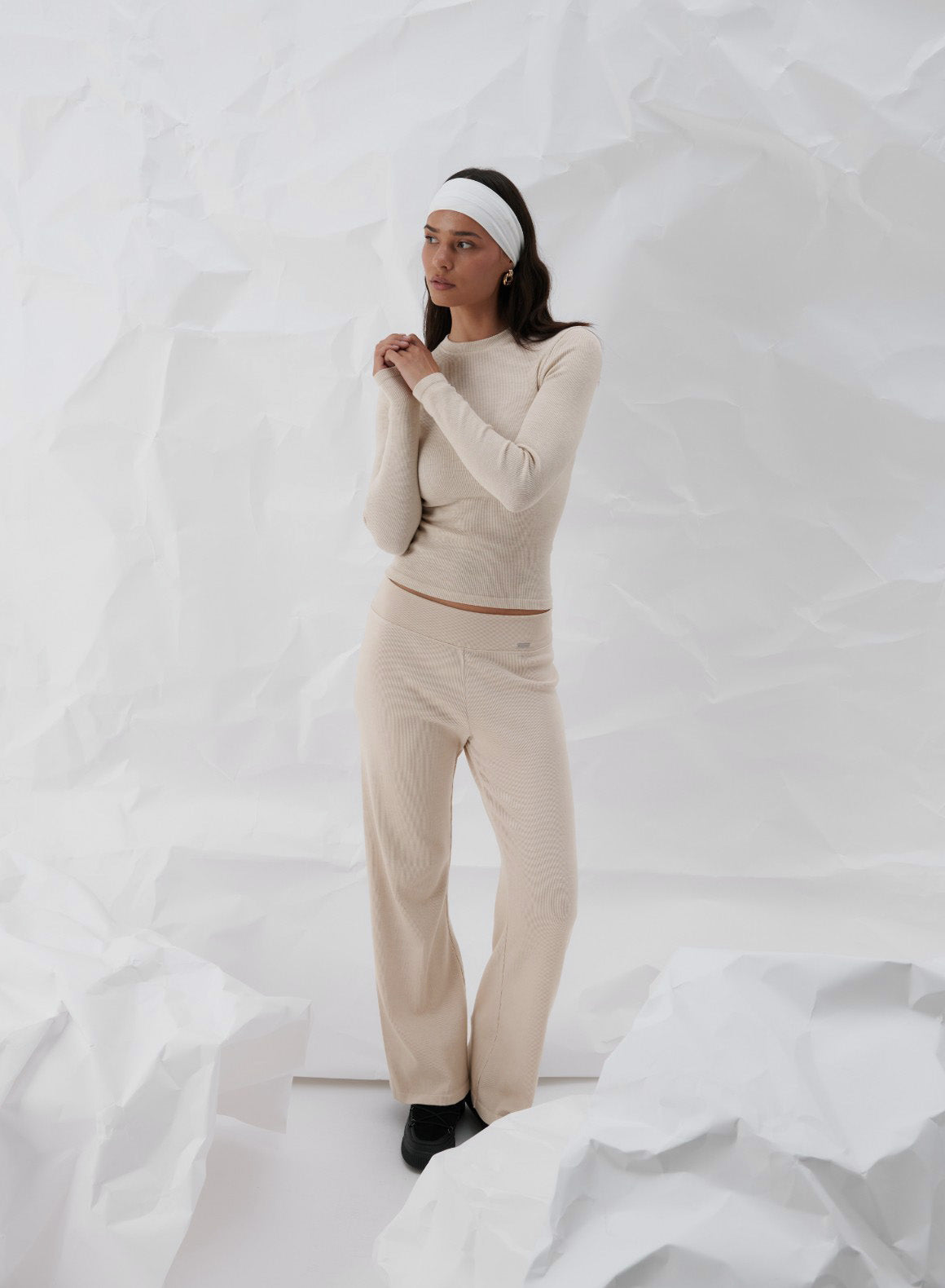 Café Au Lait Ribbed Wool Wide Leg Pants for Women - Cozy Winter Lounge Pants, Office Work Pants & Casual Outfit