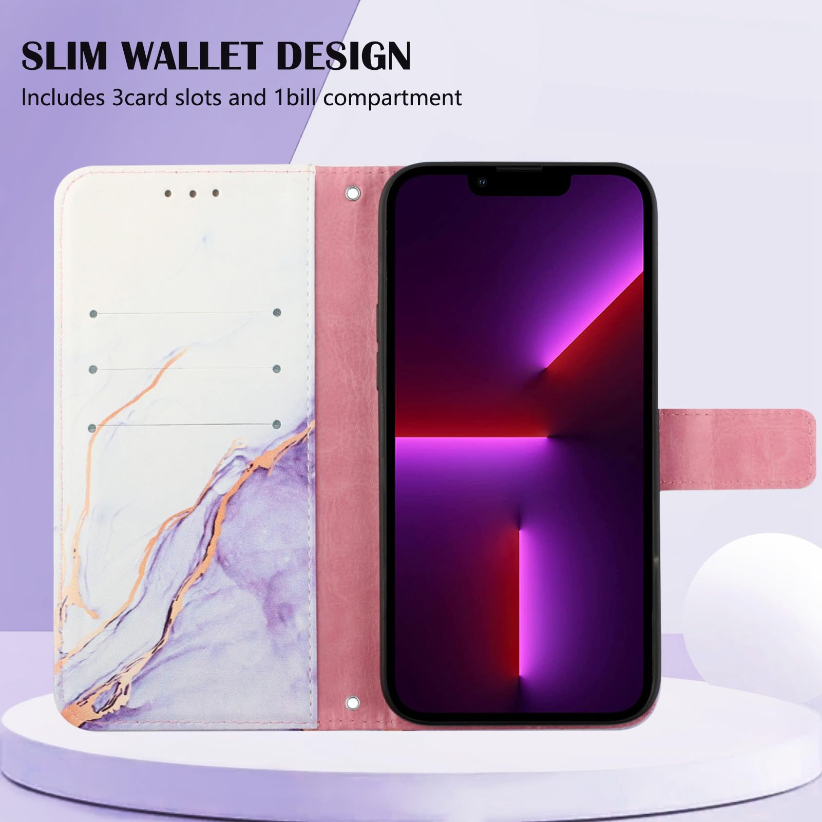 Premium Leather Wallet Case for Samsung Galaxy S22 Ultra - Flip Folio Cover with Card Holder & Kickstand | Marble Design in White & Purple | Protective Phone Case for Women & Girls | Perfect for Work, Travel & Everyday Use