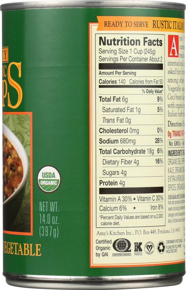 Amy's Organic Hearty Rustic Italian Vegetable Soup - 397g (Pack of 6) | USDA Certified, Non-GMO, Vegan | Perfect for Quick Lunches, Camping & Emergency Food Storage