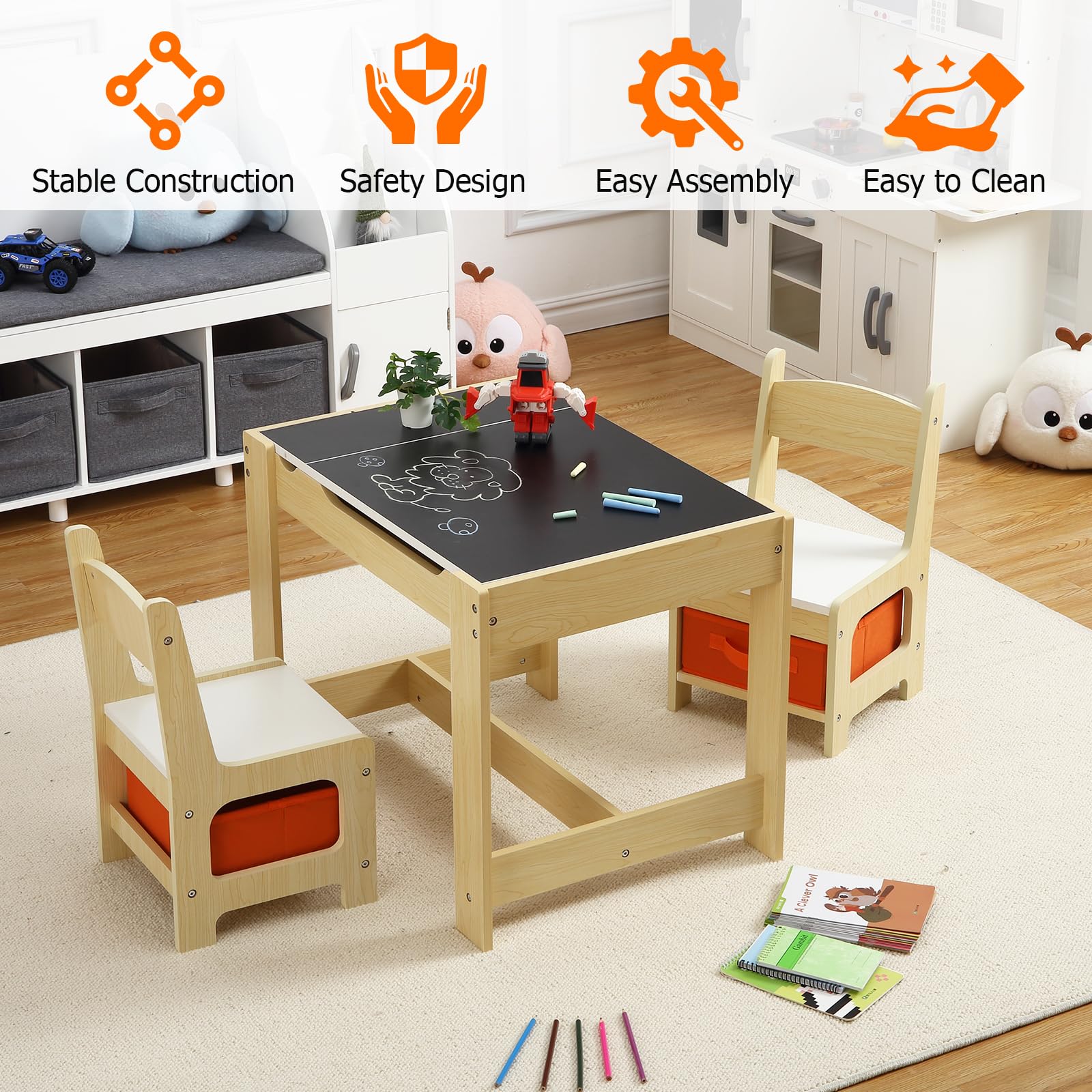 GARVEE 3-in-1 Kids Table and Chair Set with Storage Drawer | Wooden Activity Table for Toddlers | Arts & Crafts Table | 2-in-1 Tabletop | Natural Wood Playroom Furniture for Home, Preschool & Kindergarten | Perfect for Drawing, Learning & Playtime Activities
