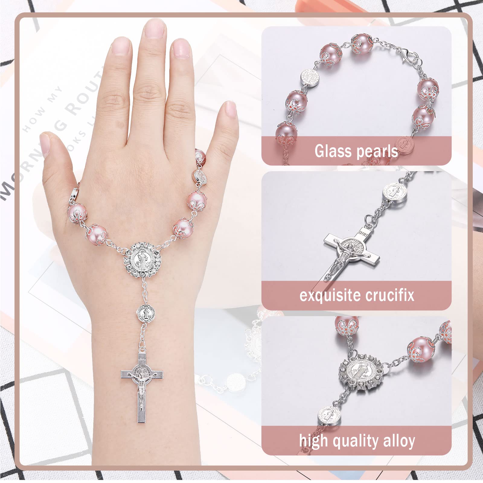 Saint Benedict Car Rosary - 2 Pack Catholic Auto Rosary Cross for Rearview Mirror, Truck, Bike & Motorcycle - Personalized Blessing Medal & Hanging Decor Accessories (Pink) - Perfect for Daily Commute, Road Trips & Spiritual Protection