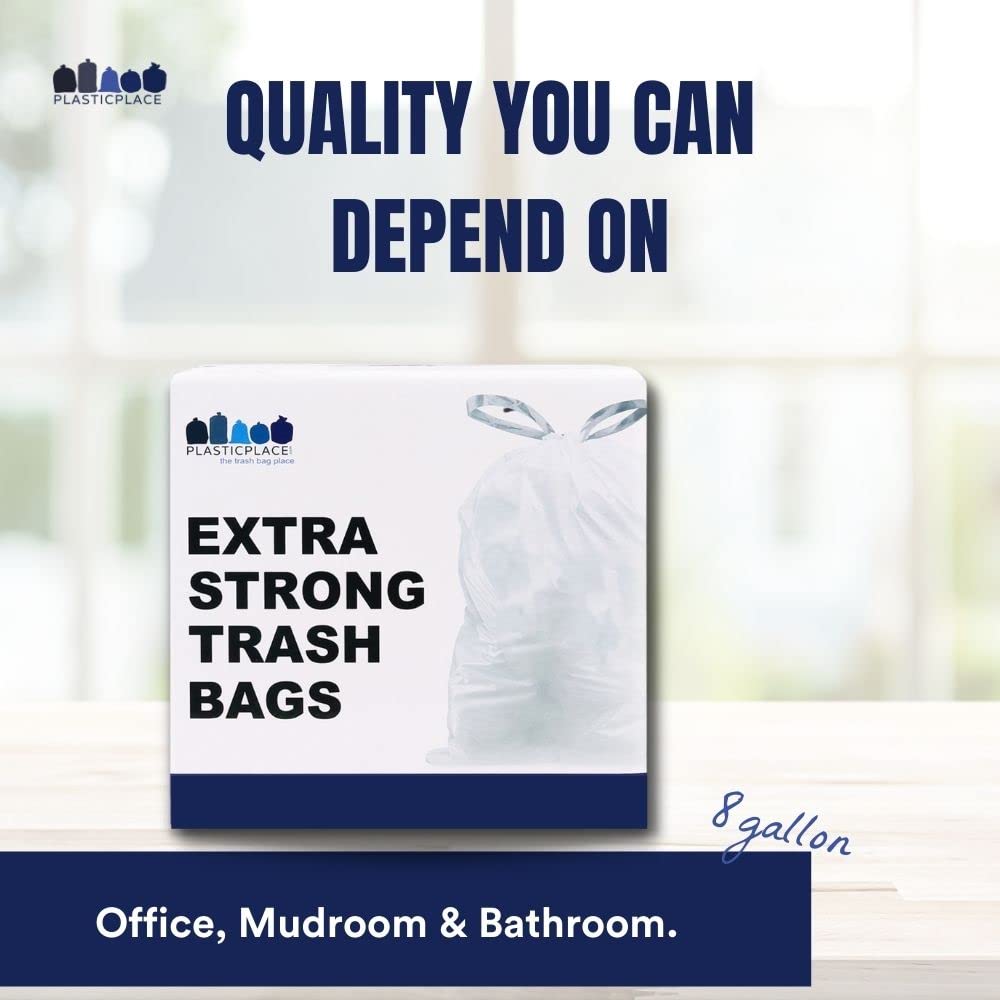 Plasticplace 8 Gallon Trash Bags - 100 Count White Drawstring Garbage Bags, 0.7 Mil Thick Durable Trash Can Liners, 22