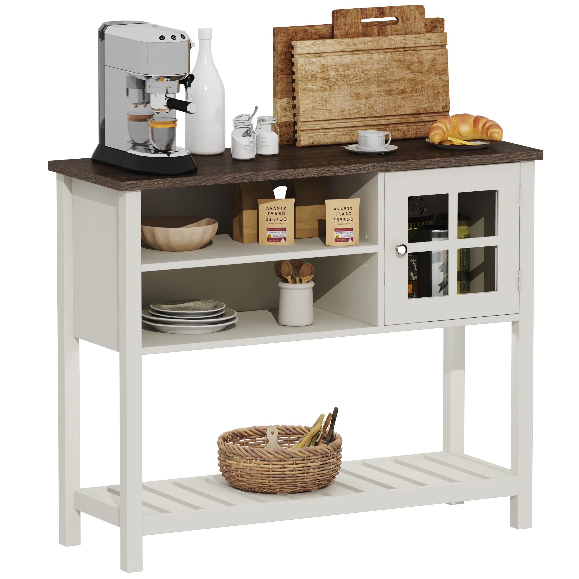 ChooChoo Farmhouse Coffee Bar Cabinet with Storage - White Sideboard Buffet with Glass Doors, Kitchen Console Table for Hallway & Entryway | Perfect for Coffee Station, Dining Room Storage & Farmhouse Decor