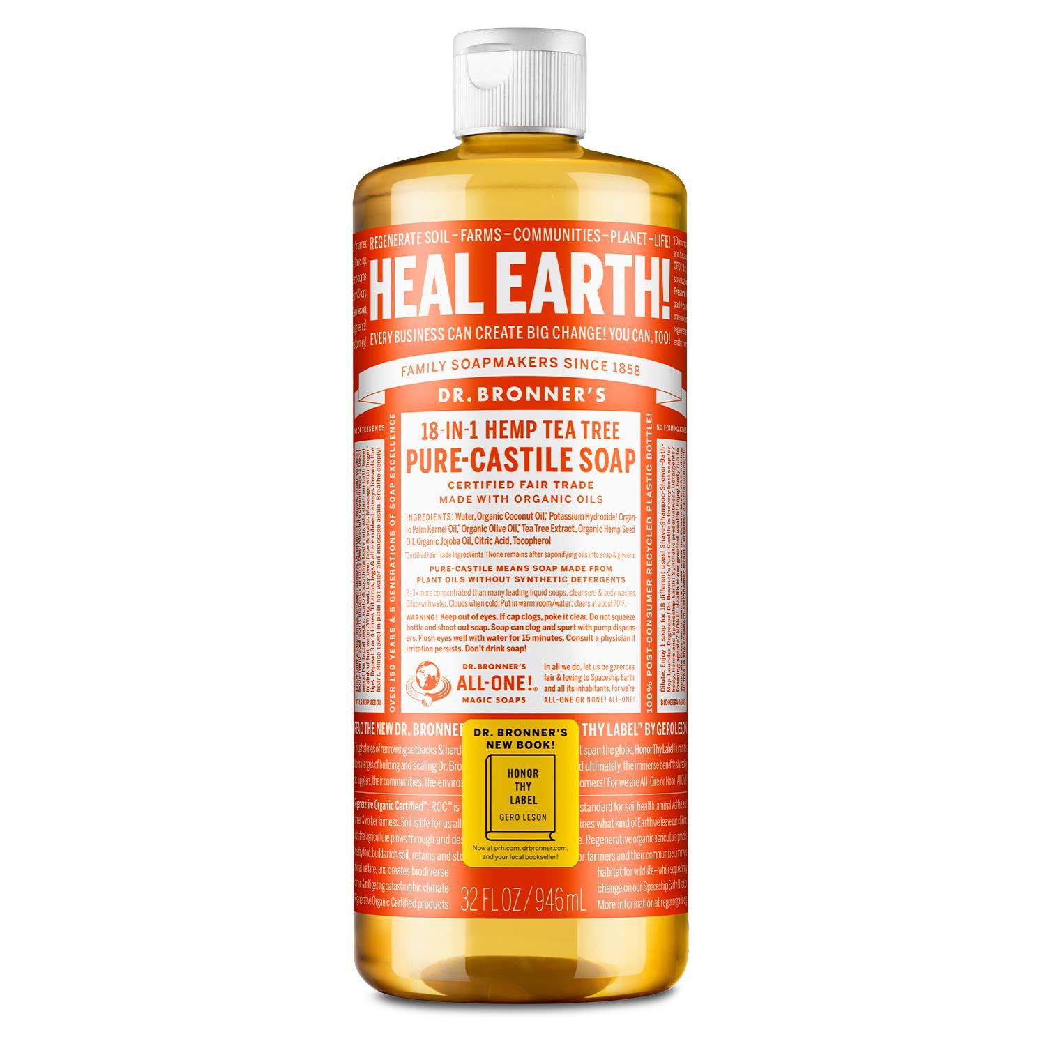 Dr. Bronner's Pure-Castile Tea Tree Liquid Soap - Organic, 18-in-1 Uses for Face, Body, Hair & Home Cleaning - Vegan, Cruelty-Free