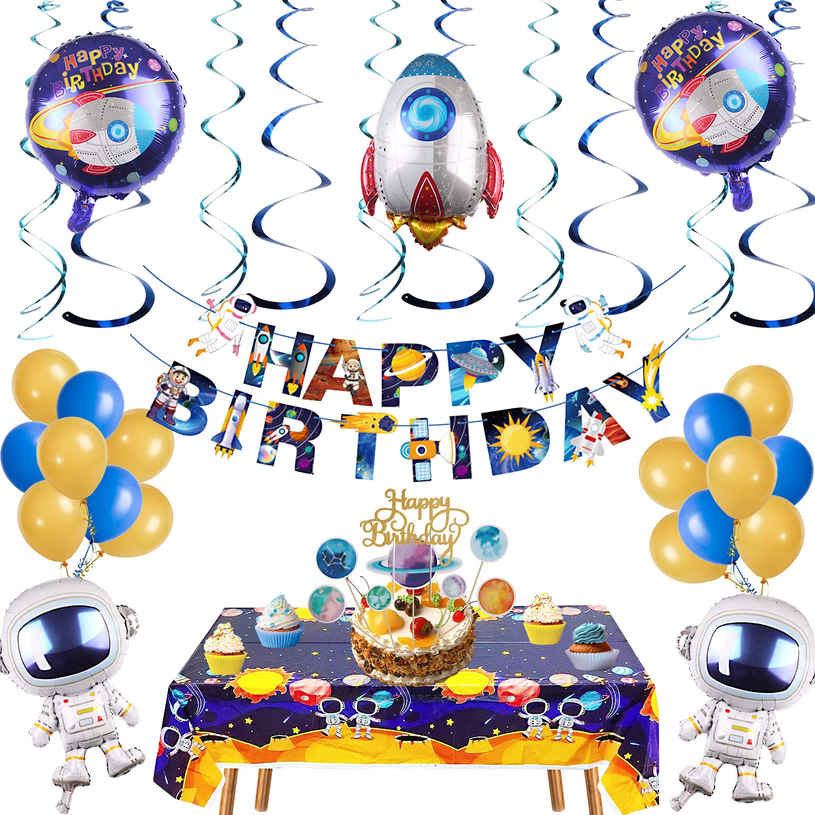 45-Piece Space Theme Party Decorations Set - Happy Birthday Banner, Astronaut & Rocket Balloons, Solar System Tablecloth for Kids - Perfect for Space-Themed Birthday Parties, Baby Showers & Classroom Decor