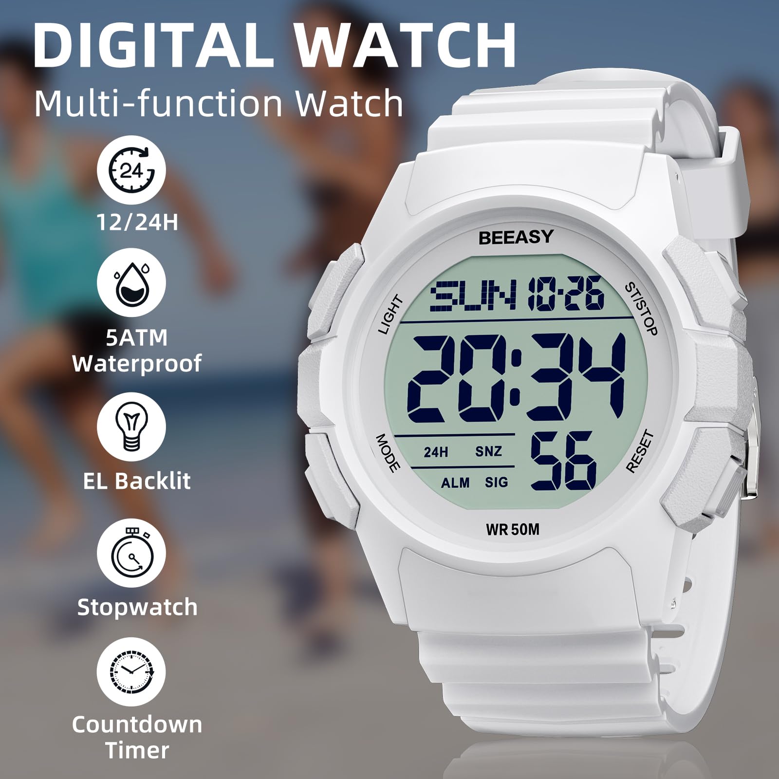 Beeasy Men's Digital Sports Watch - Waterproof Stopwatch, Countdown Timer, Alarm, Dual Time - Durable Rubber Strap Wristwatch for Men & Students | Perfect for Running, Swimming, Gym Workouts & Outdoor Activities