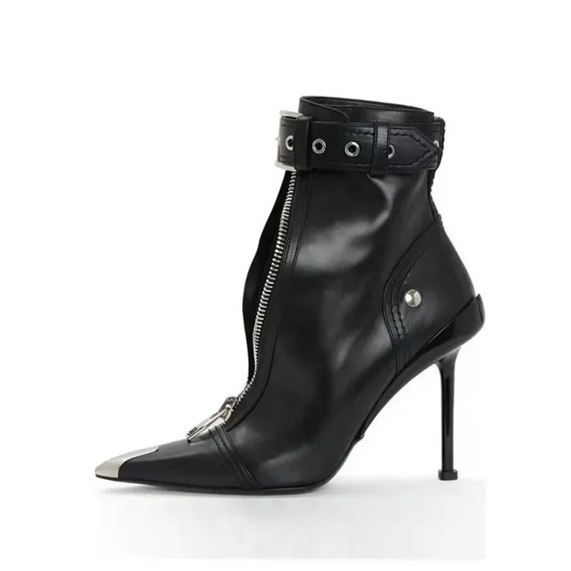 Women's Fashion Pointed Toe Ankle Boots with Belt Buckle & Front Zipper - Red High Heels for Autumn Winter - Stylish Metal Decorated Short Boots for Office, Party & Night Out