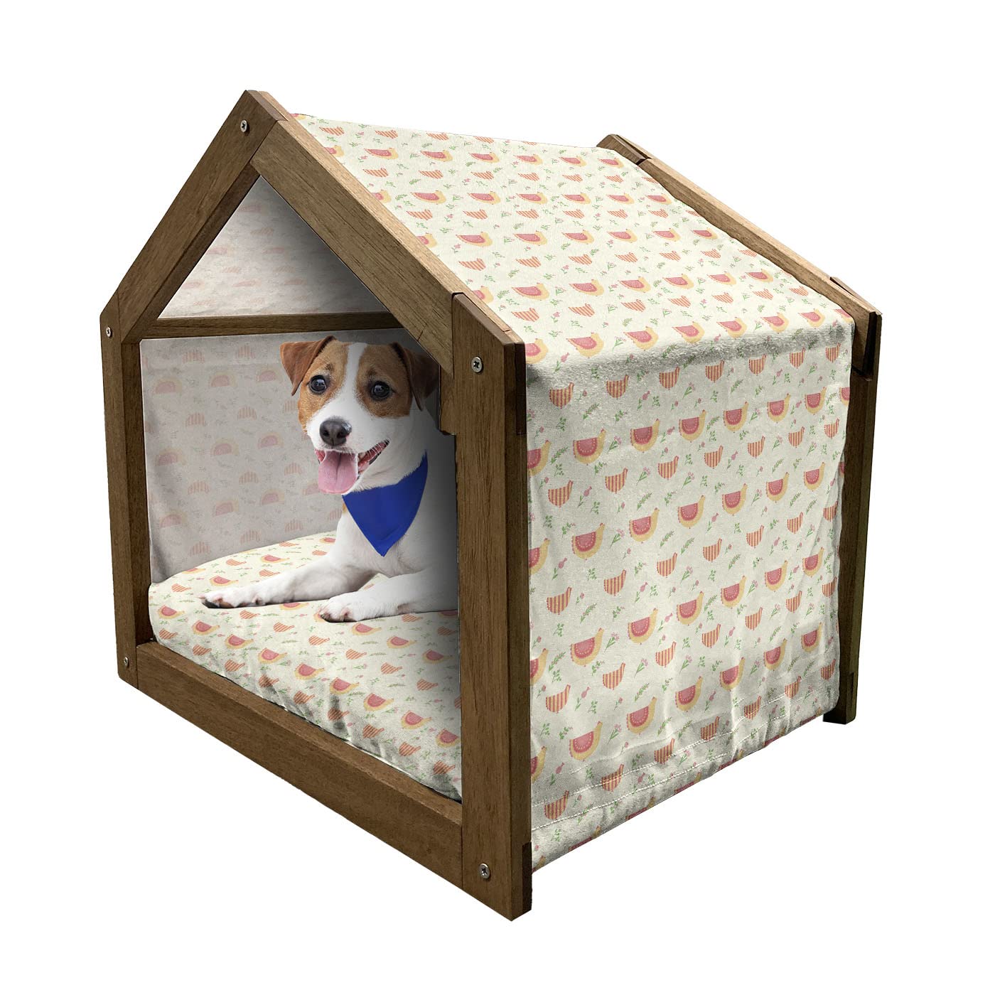 Ambesonne Wooden Pet House for Dogs - Easter Rooster & Floral Pattern, Indoor & Outdoor Portable Dog Kennel with Removable Pillow & Cover, Medium Size in Ivory Pink - Perfect for Home, Garden & Travel Use