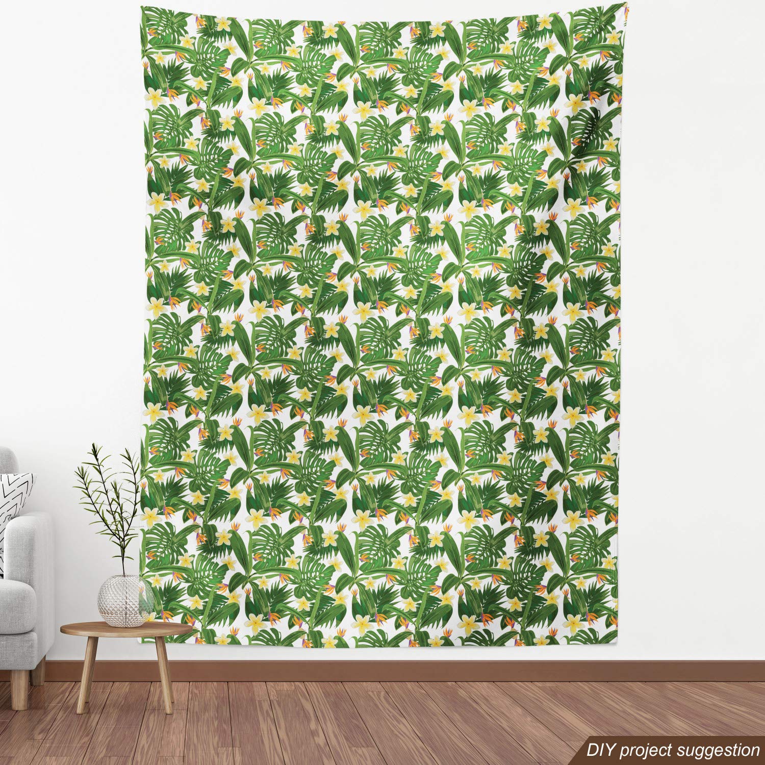 Ambesonne Tropical Fabric by The Yard - Monstera Palm Leaves, Hibiscus Flowers & Strelitzia Pattern on White Olive Green Plain Backdrop - Decorative Upholstery Fabric for Sofa, Curtains, Pillows & Home Decor (1 Yard) | Perfect for Boho, Coastal & Tropical Interior Design