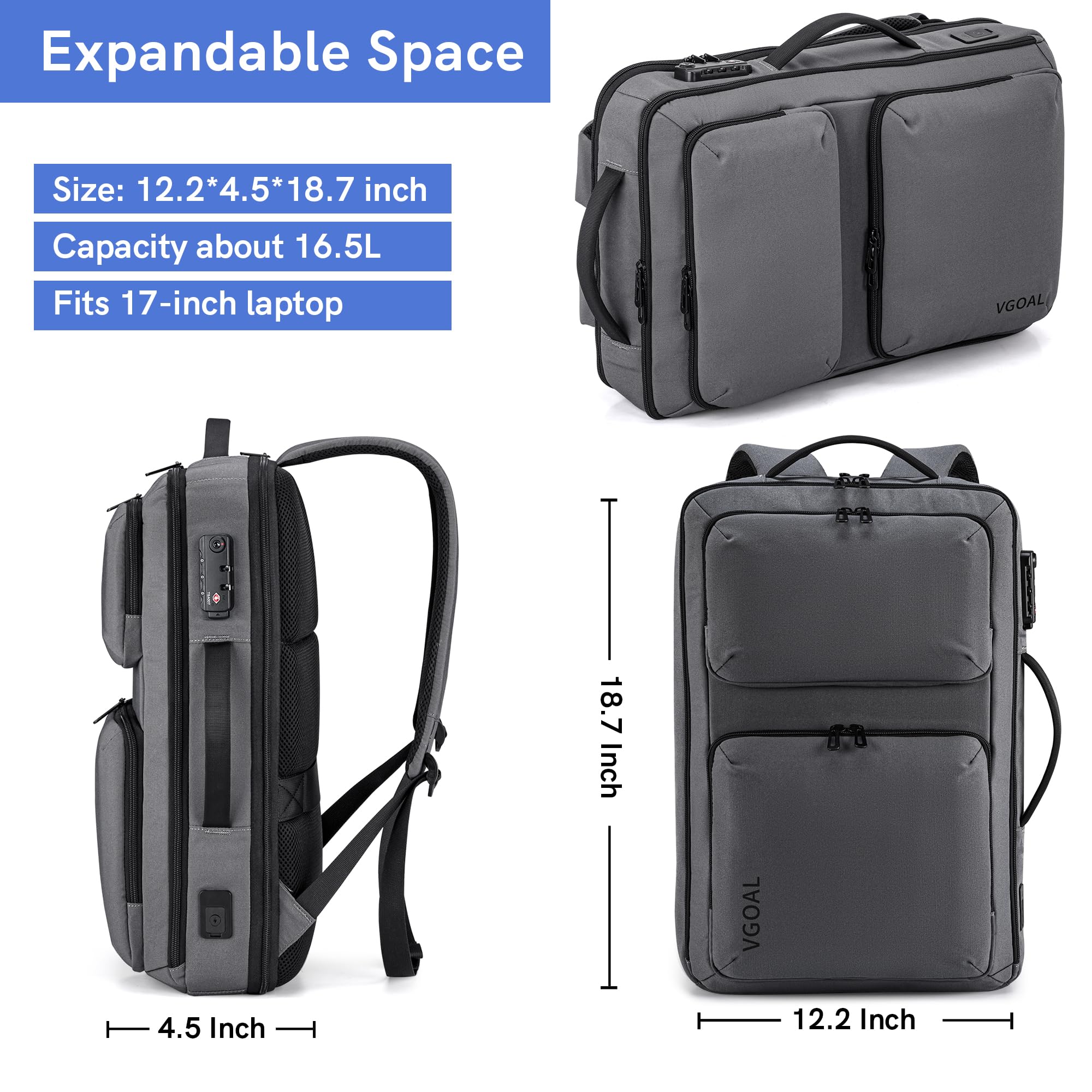VGOAL 3 in 1 Laptop Backpack for 17.3 Inch Laptop - Lightweight Waterproof Travel Backpack with USB Charging Port - Durable Computer Bag for Men & Women - Perfect for Work, School, Hiking & Daily Commute (Grey)