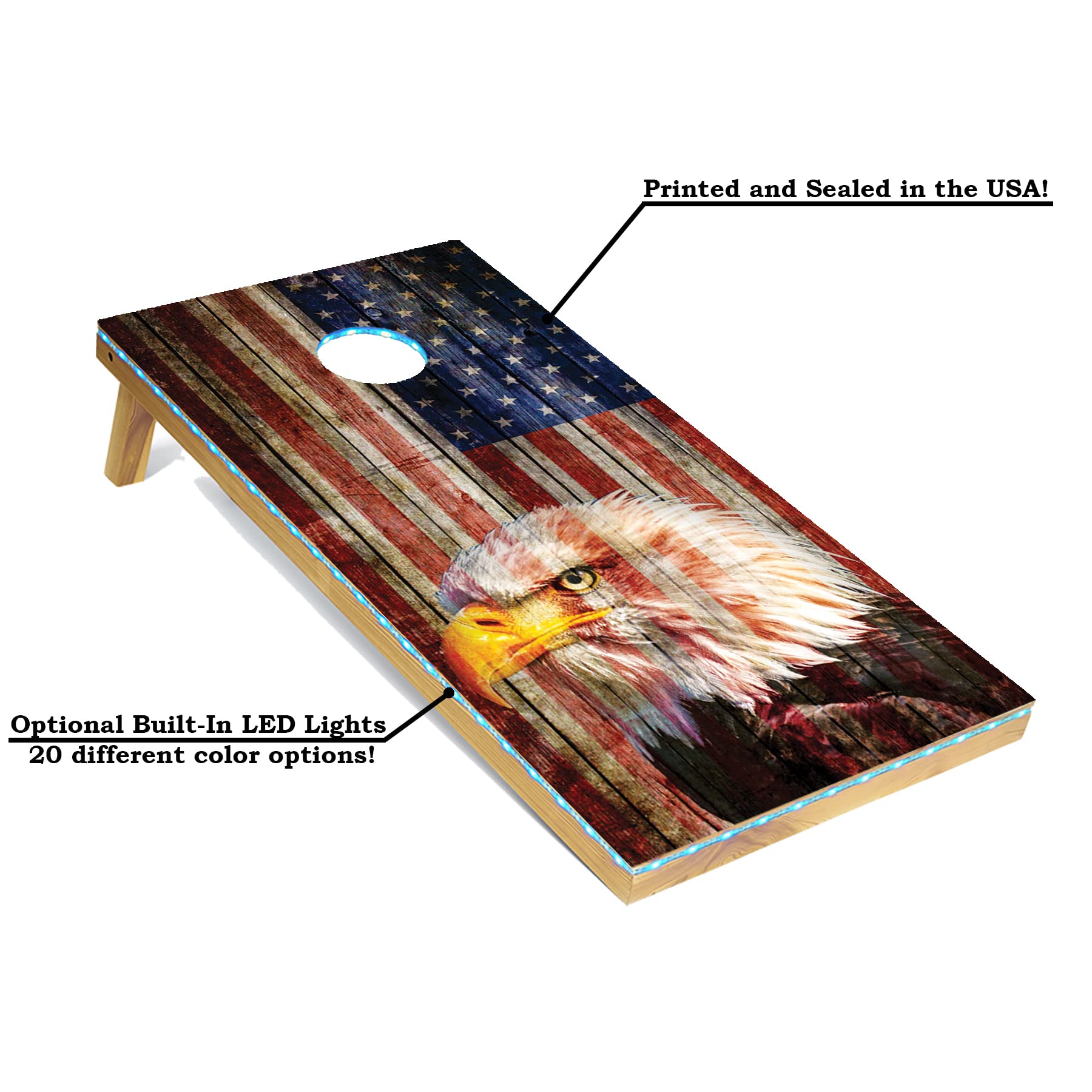Patriotic Eagle US Flag Cornhole Board Set with Bean Bags & Carrying Case - 4'x2' Premium Outdoor Toss Game - Optional LED Lights for Backyard, Tailgate Parties & BBQ Events