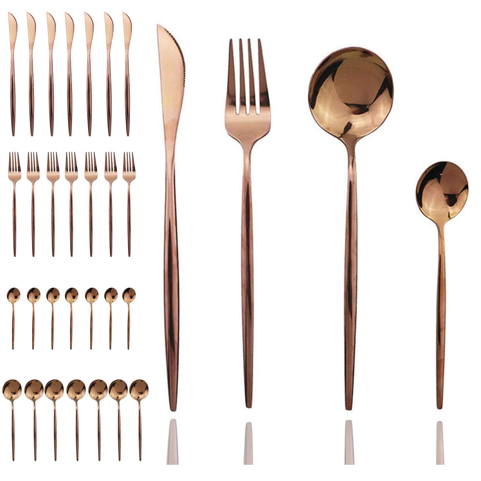 JASHII 32-Piece Stainless Steel Rose Gold Flatware Set - Mirror Polished Knife Fork Spoon - Elegant Dinnerware for Wedding, Party, Christmas & Holiday Dining - Perfect for Home Kitchen & Formal Occasions