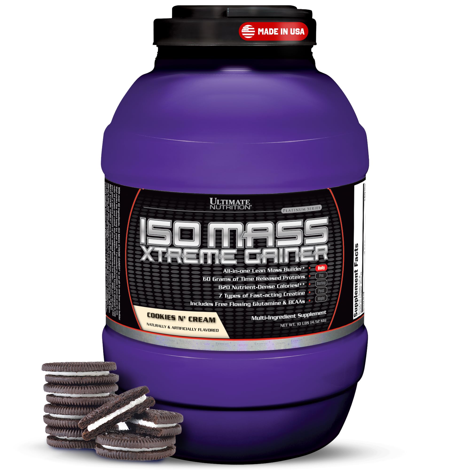 Ultimate Nutrition ISO Mass Xtreme Gainer - High-Calorie Weight Gain Powder with Creatine & Whey Protein Isolate for Muscle Growth, Lean Mass & Bulking - Cookies & Cream Flavor, 10lb - Perfect for Post-Workout Recovery & Bodybuilding Nutrition