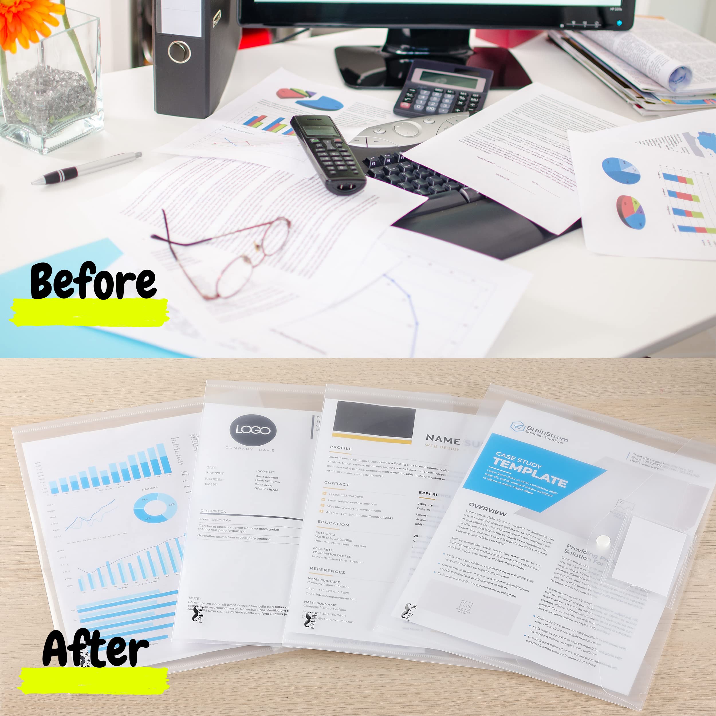 Mr. Pen Clear Plastic Envelopes - 4 Pack A4 Letter Size Snap Closure Poly Envelopes | Waterproof Document Holders for School, Office & Mailing | Folders for Papers, Photos & Important Documents