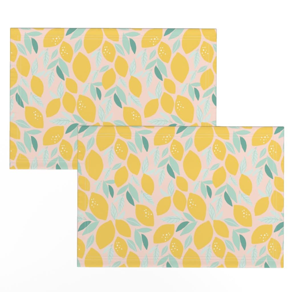 Organic Linen Cotton Canvas Placemats Set of 2 - Nursery Bloom Lemons Print Washable Table Mats for Dining Room, Kitchen, Baby Shower & Home Decor by Spoonflower
