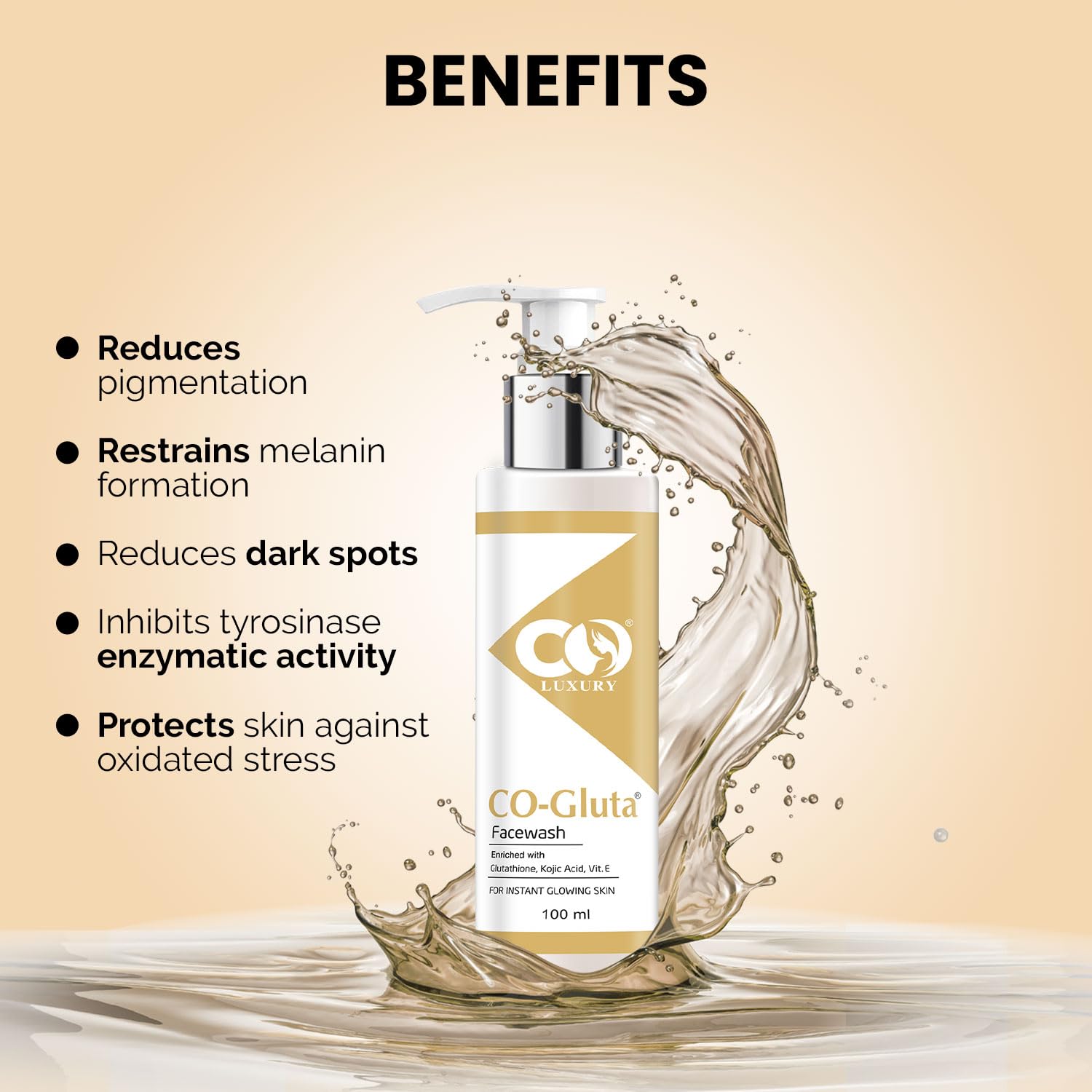 CO LUXURY Exfoliating Glutathione Face Wash with Vitamin C & E, Kojic Acid - Anti-Pigmentation, Skin Brightening, Oil Control & Hydrating Cleanser for Tan Removal (100ml) | Perfect for Daily Skincare Routine & Sun-Damaged Skin Repair