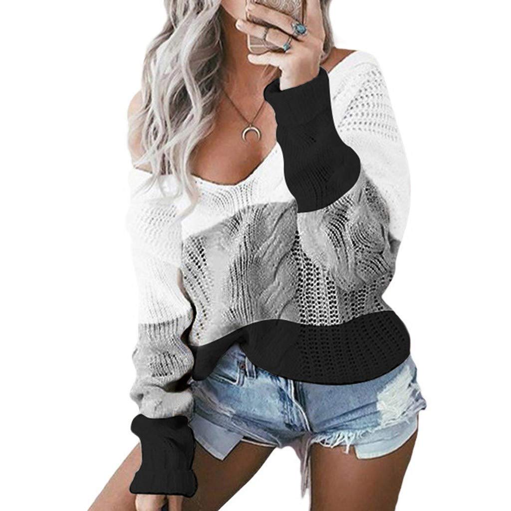 WUAI Women's Casual V-Neck Off Shoulder Ribbed Cable Knit Pullover Sweater - Loose Fit Tunic Jumper Top for Fall Winter (White, X-Large) | Perfect for Office, Date Night & Weekend Outfits