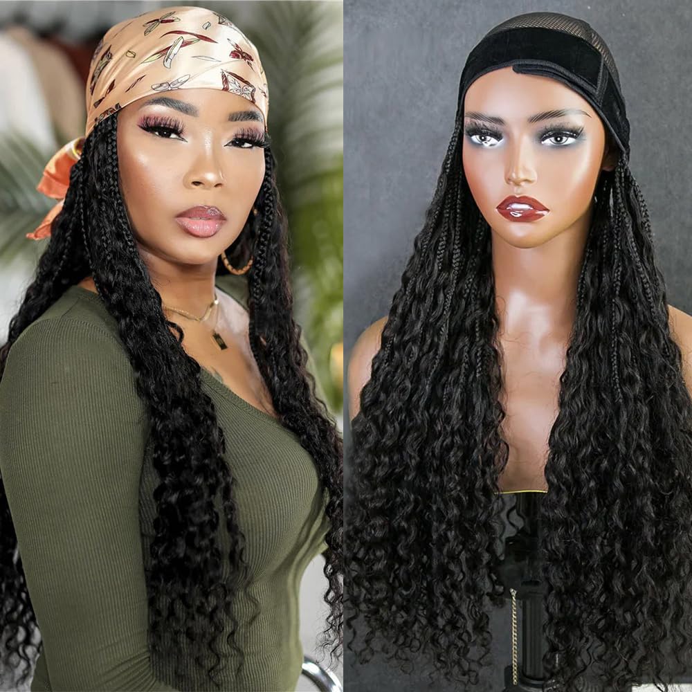 20 Inch Human Hair Box Braids Headband Wig for Black Women - Natural Color, Pre-Braided with Ears Out Design | Perfect for Protective Styling, Everyday Wear & Special Occasions