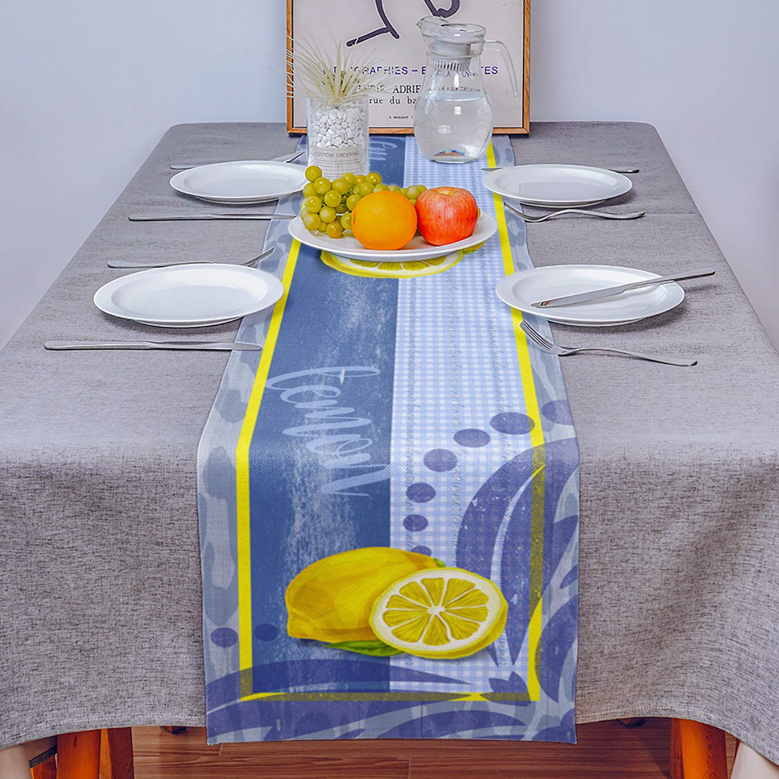 Burlap Linen Table Runner 70 Inch - Oil Painting Lemon Gradient Yellow Farmhouse Decor for Kitchen, Dining, Coffee & Banquet Tables | Retro Summer Blue Buffalo Plaid Table Scarf for Rustic & Modern Home Decor